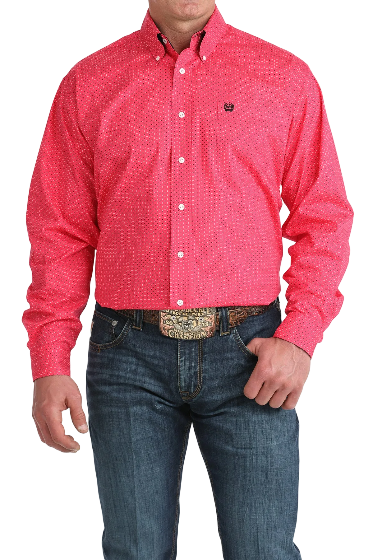 Person wearing a bright pink button-up shirt and blue jeans on a white background