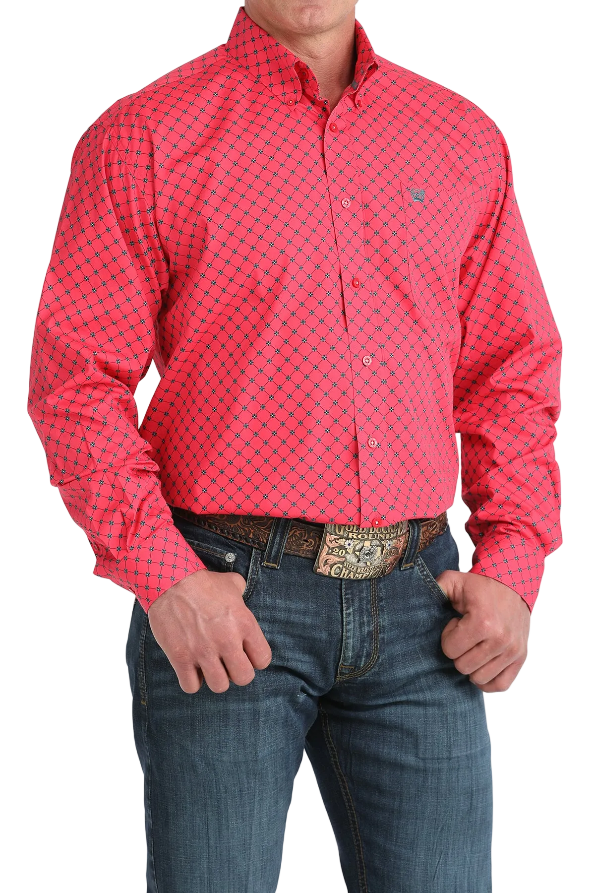 Red patterned shirt worn by a person on a white background
