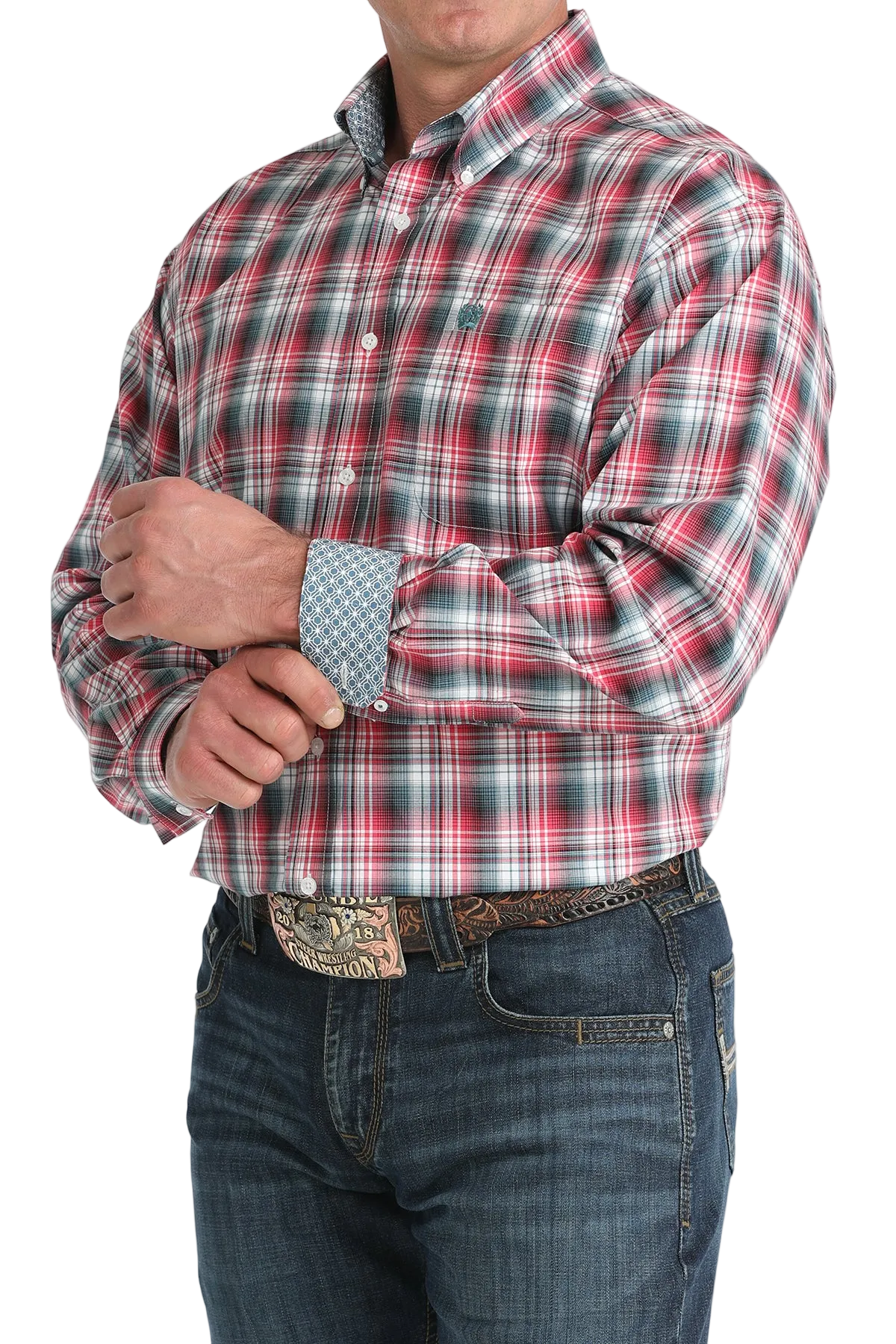 Person wearing a plaid shirt and jeans on a white background