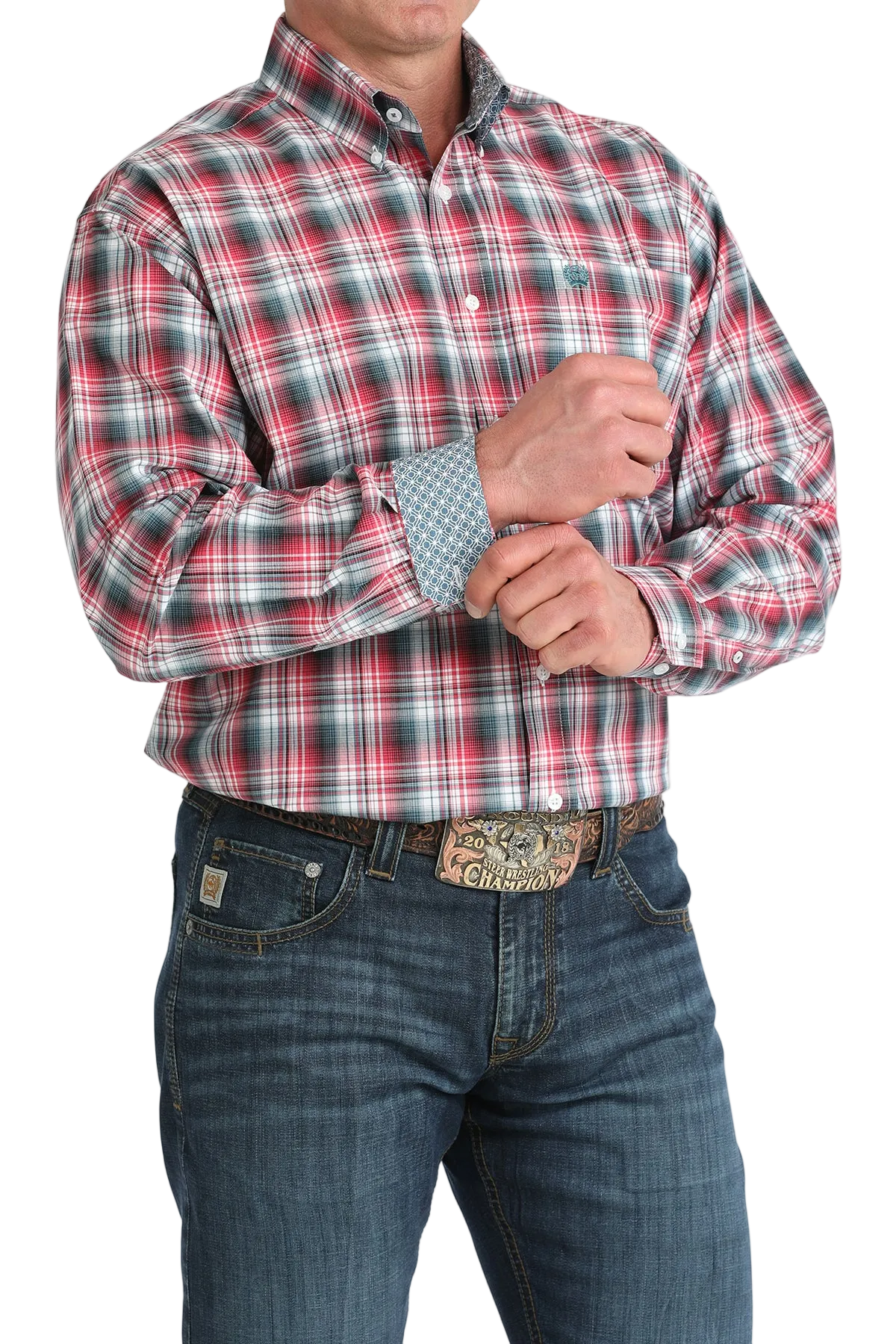 Person wearing a plaid shirt and jeans with a white background