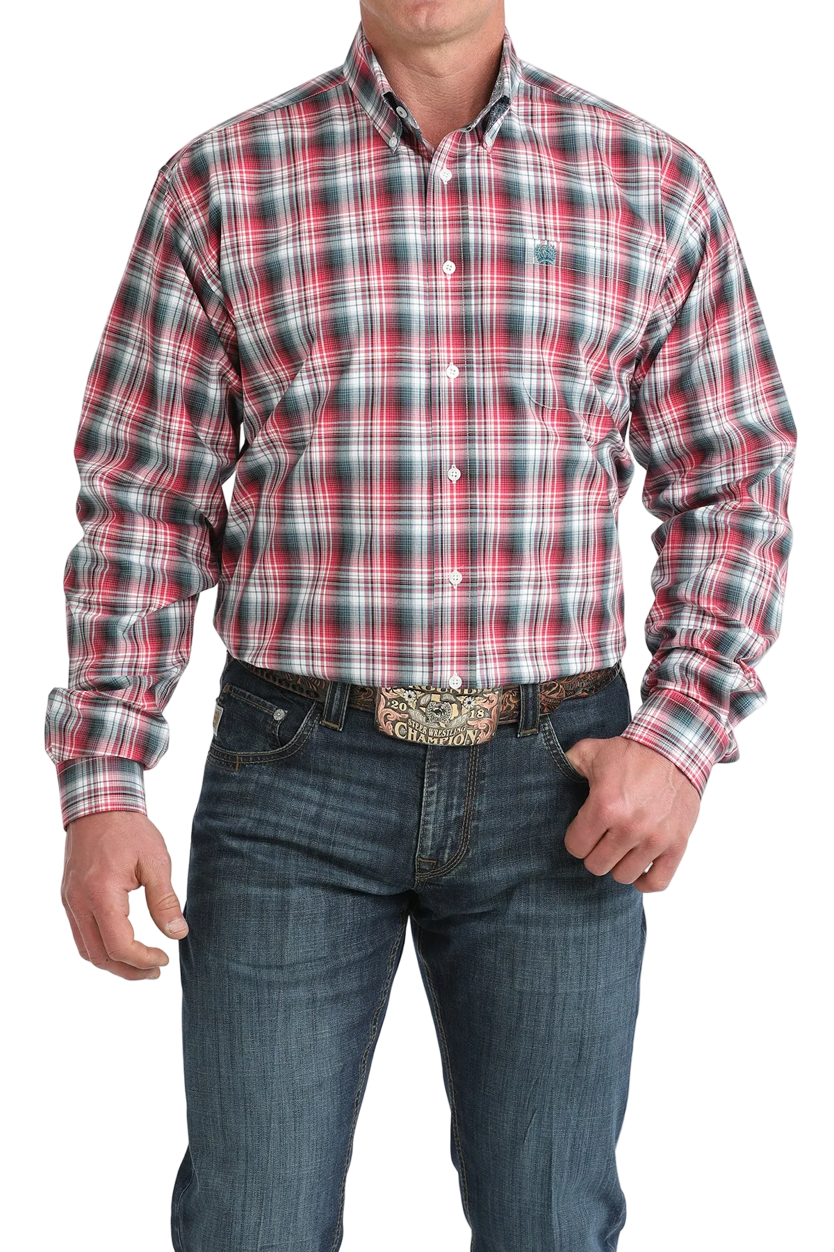 Man wearing a red and gray plaid shirt with jeans on a white background