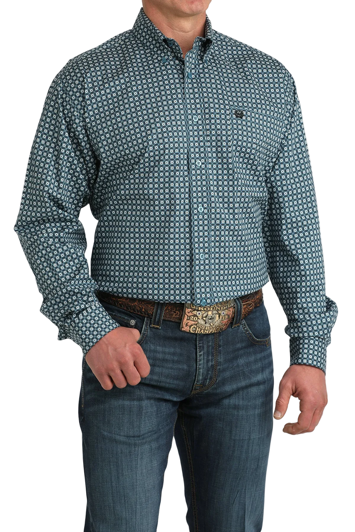Man wearing a patterned blue shirt and jeans on a white background