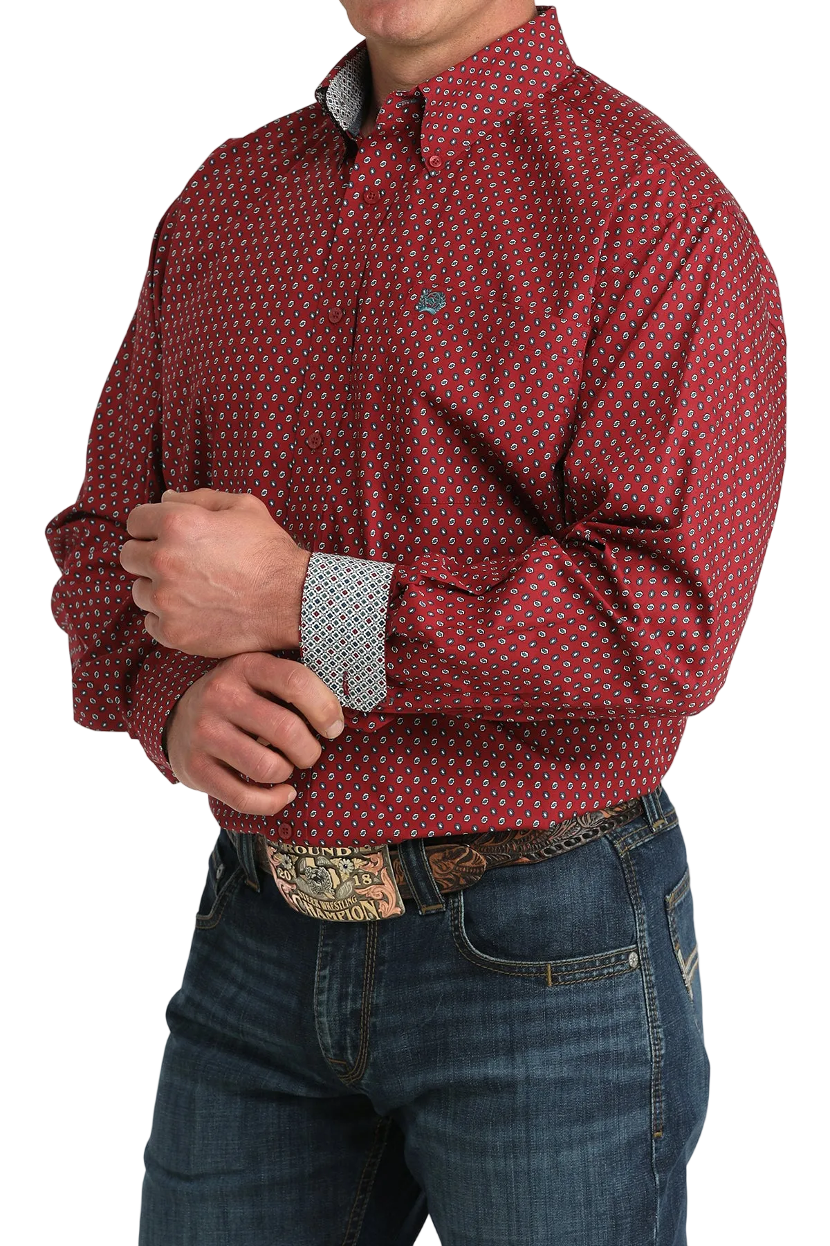 Red patterned shirt worn by a person on a white background