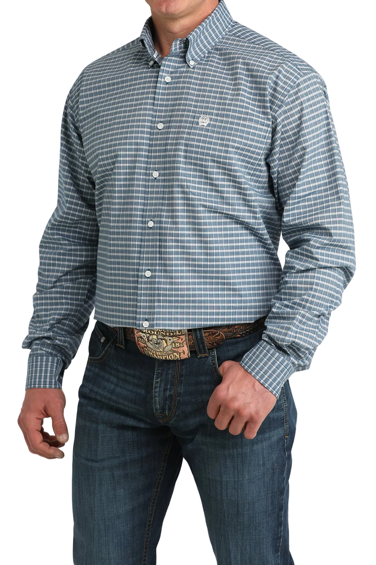 Man wearing a blue plaid shirt and jeans on a white background