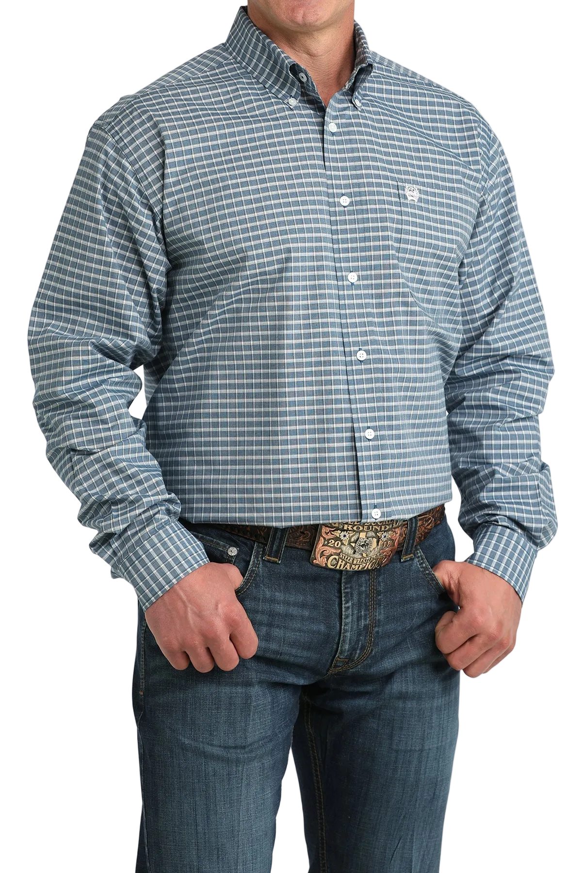 Man wearing a blue checkered shirt and jeans on a white background