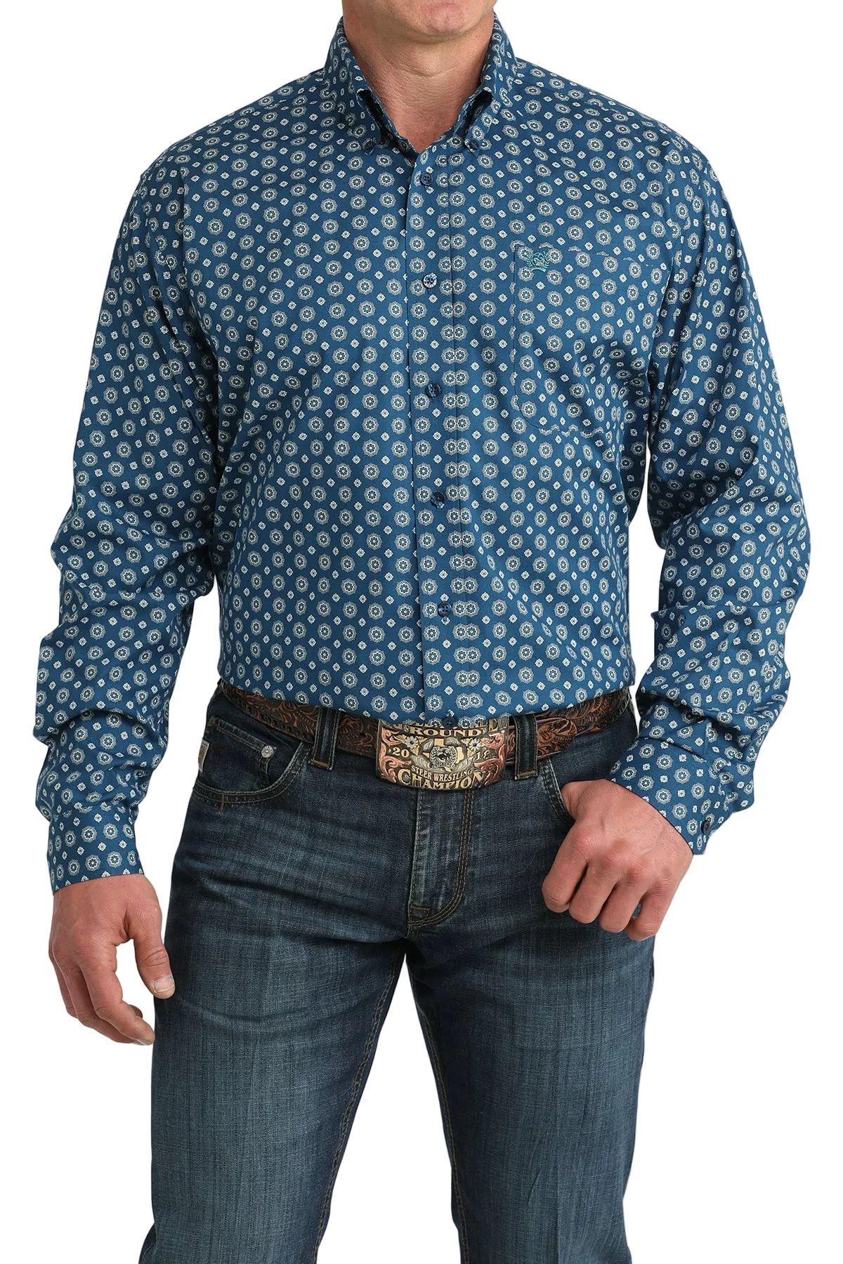 Man wearing a blue patterned shirt and jeans on a white background