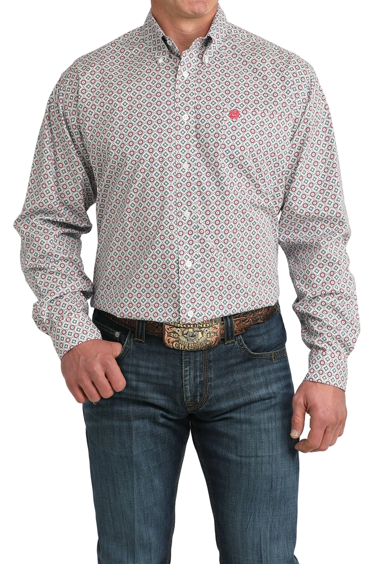 Man wearing a patterned shirt and jeans on a white background