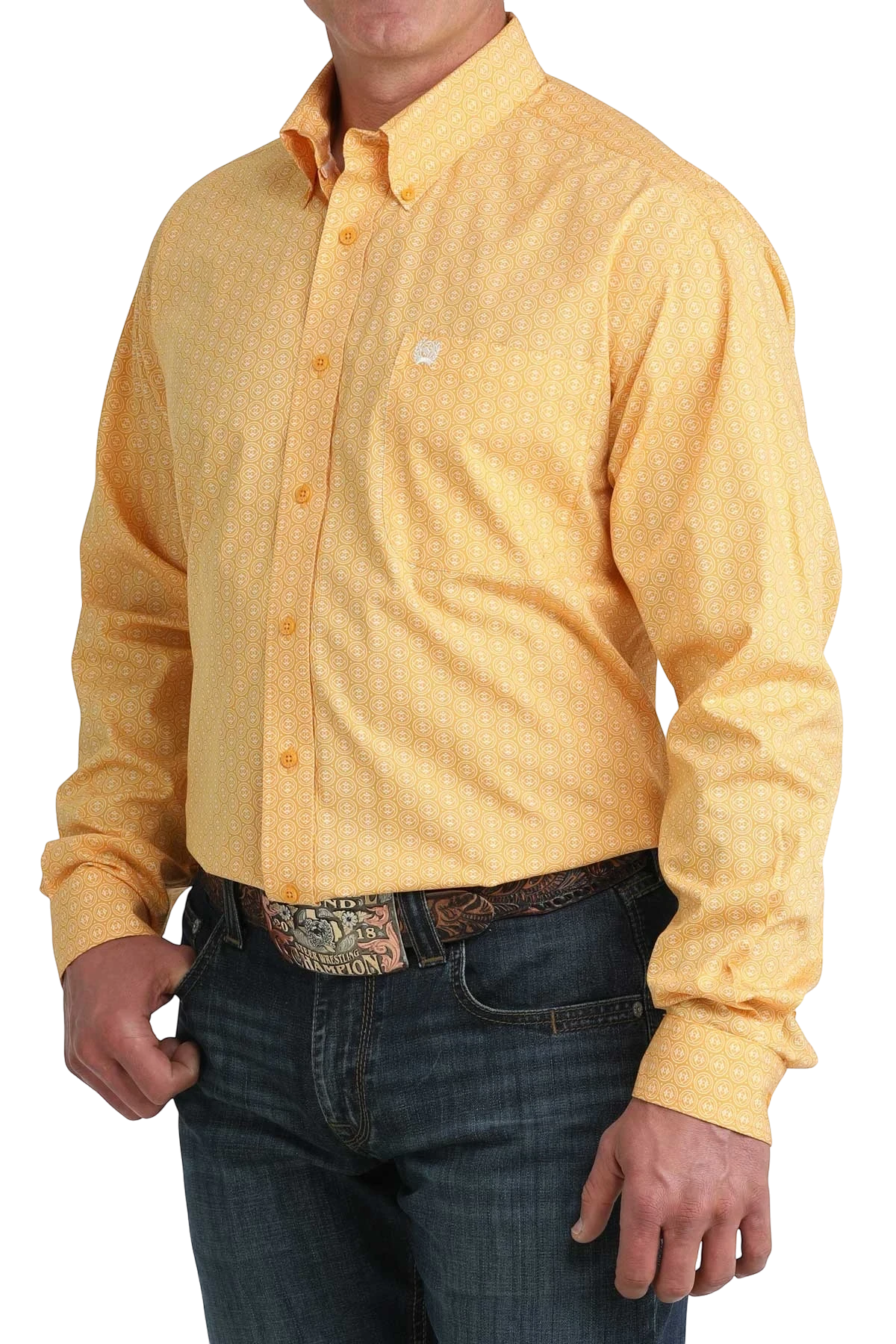 Go West Supply men's yellow long sleeve button-down shirt with all-over geometric print and chest pocket.
