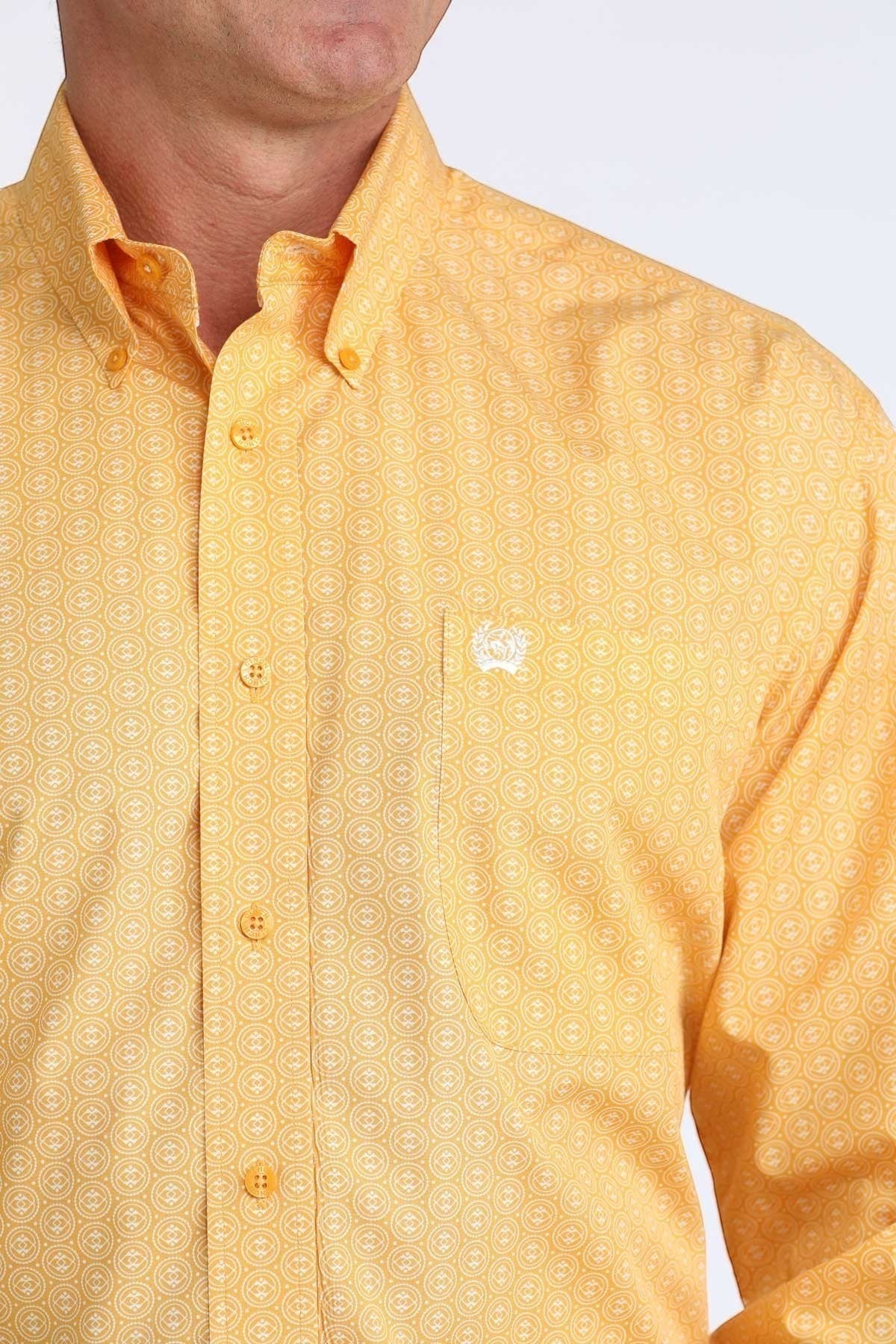 Go West Supply men's yellow long sleeve button-down shirt with all-over geometric print and chest pocket.