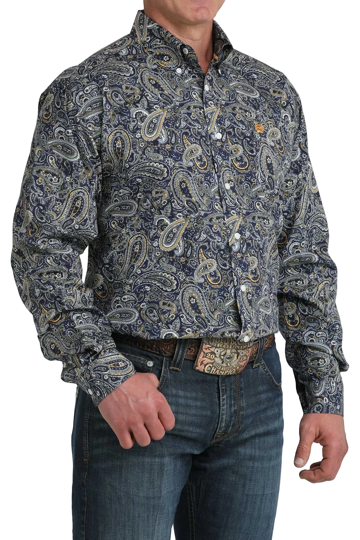 Man wearing a patterned shirt and jeans on a white background
