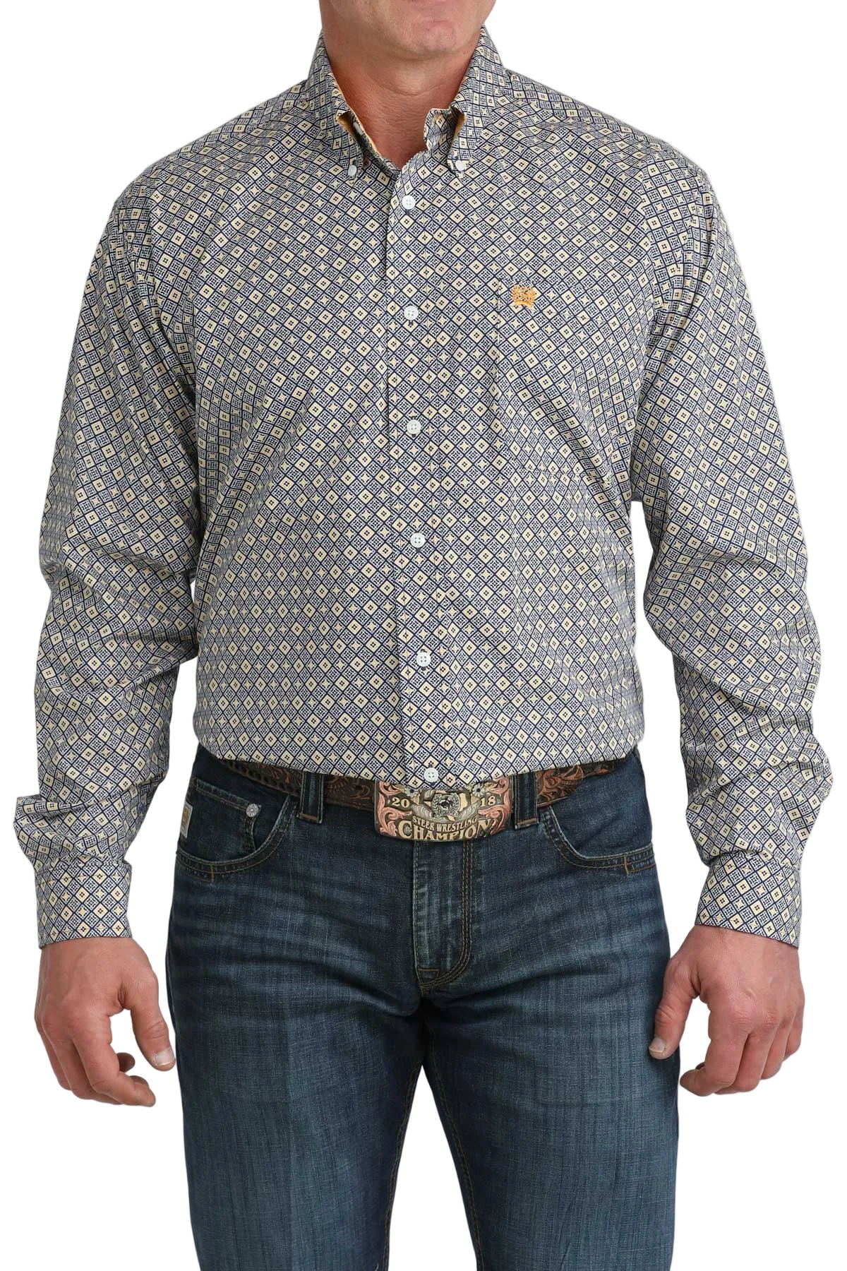 Man wearing a patterned shirt and jeans on a white background