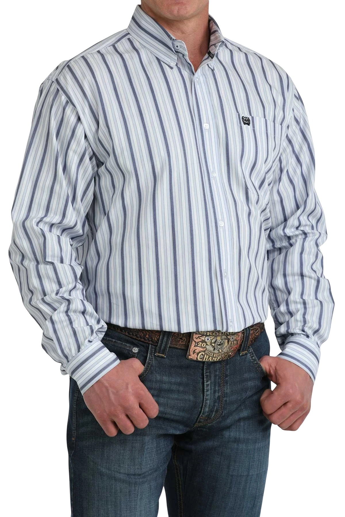 Go West Supply CINCH men's blue and white striped long sleeve button-down shirt with chest pocket and button-down collar.