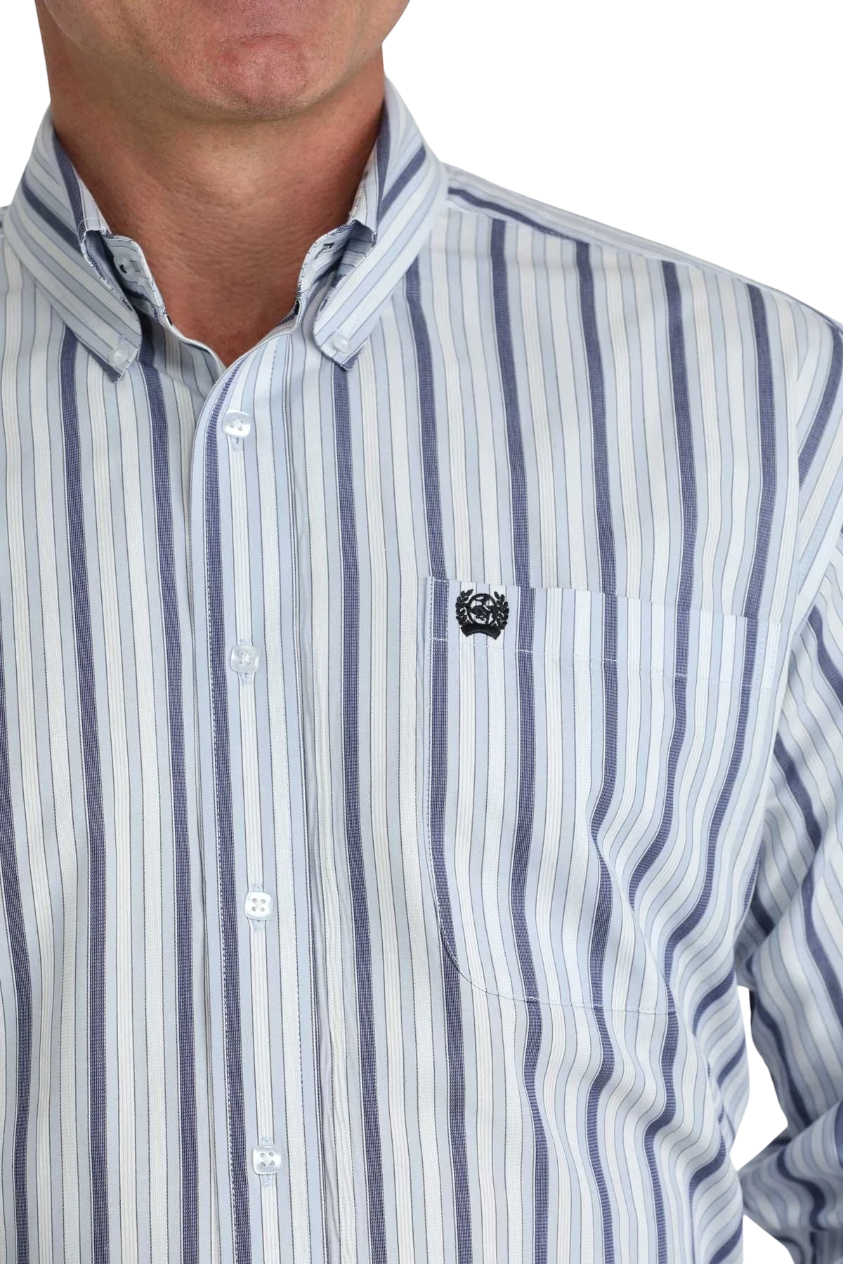 Go West Supply CINCH men's blue and white vertical stripe long sleeve button-down shirt with chest pocket.