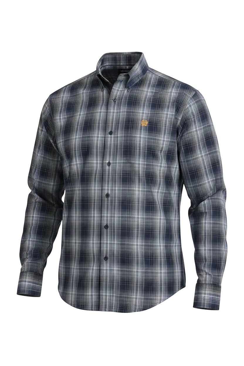 Go West Supply men's blue plaid long sleeve button-down shirt with chest pocket and adjustable cuffs.