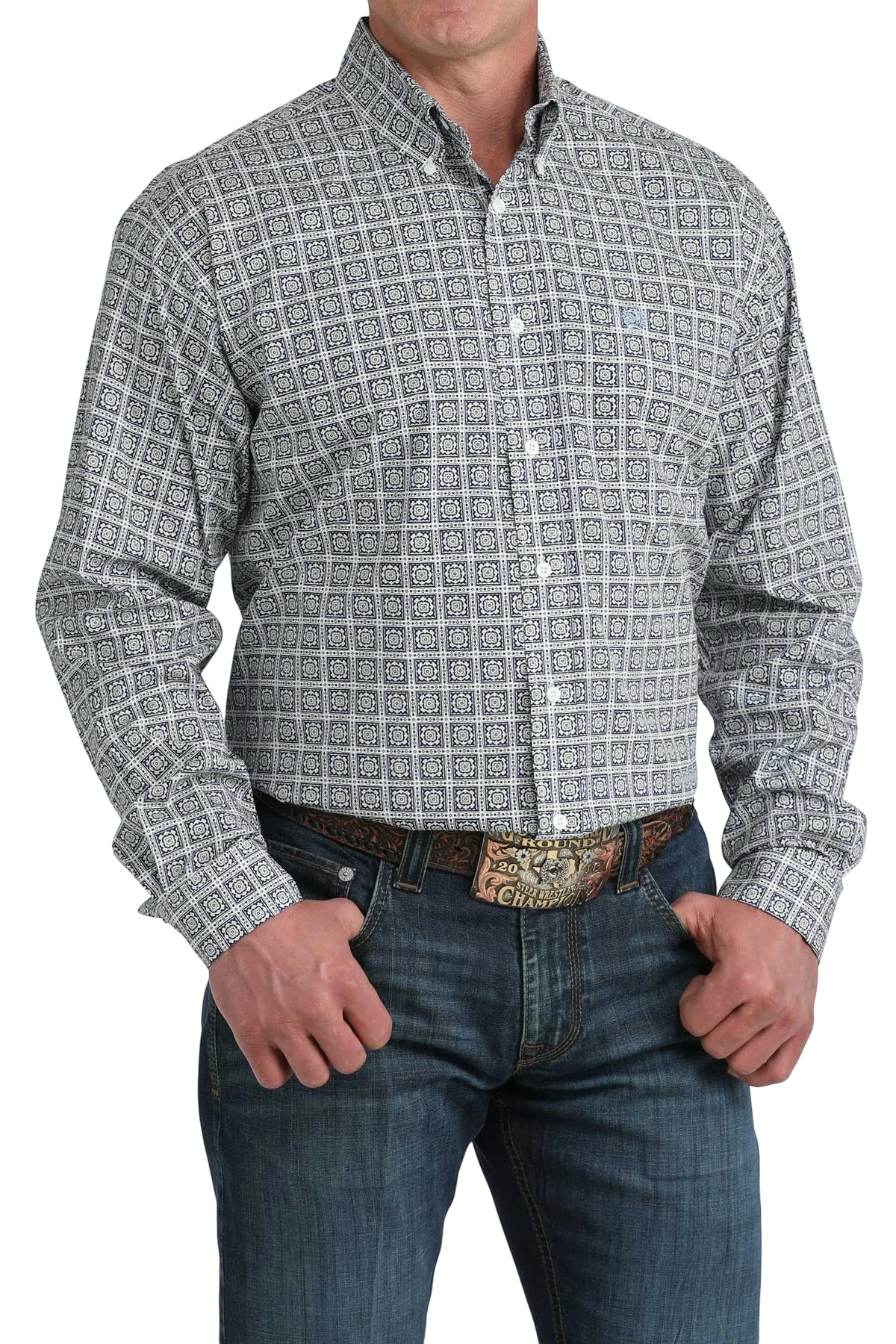 Go West Supply men's white and blue geometric print long sleeve button-down shirt.