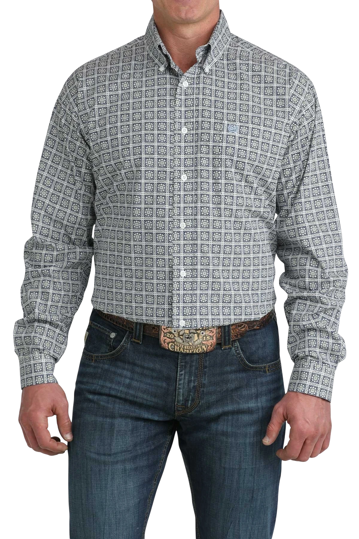 Go West Supply CINCH men's long sleeve button-down shirt in white with a blue geometric print. Classic fit, perfect for casual or dressy occasions.