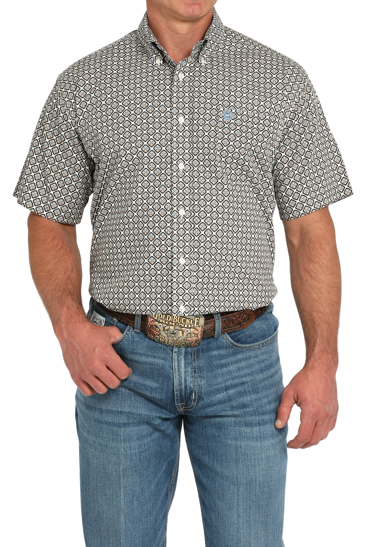 Man wearing a patterned short sleeve button-up and jeans on a transparent background