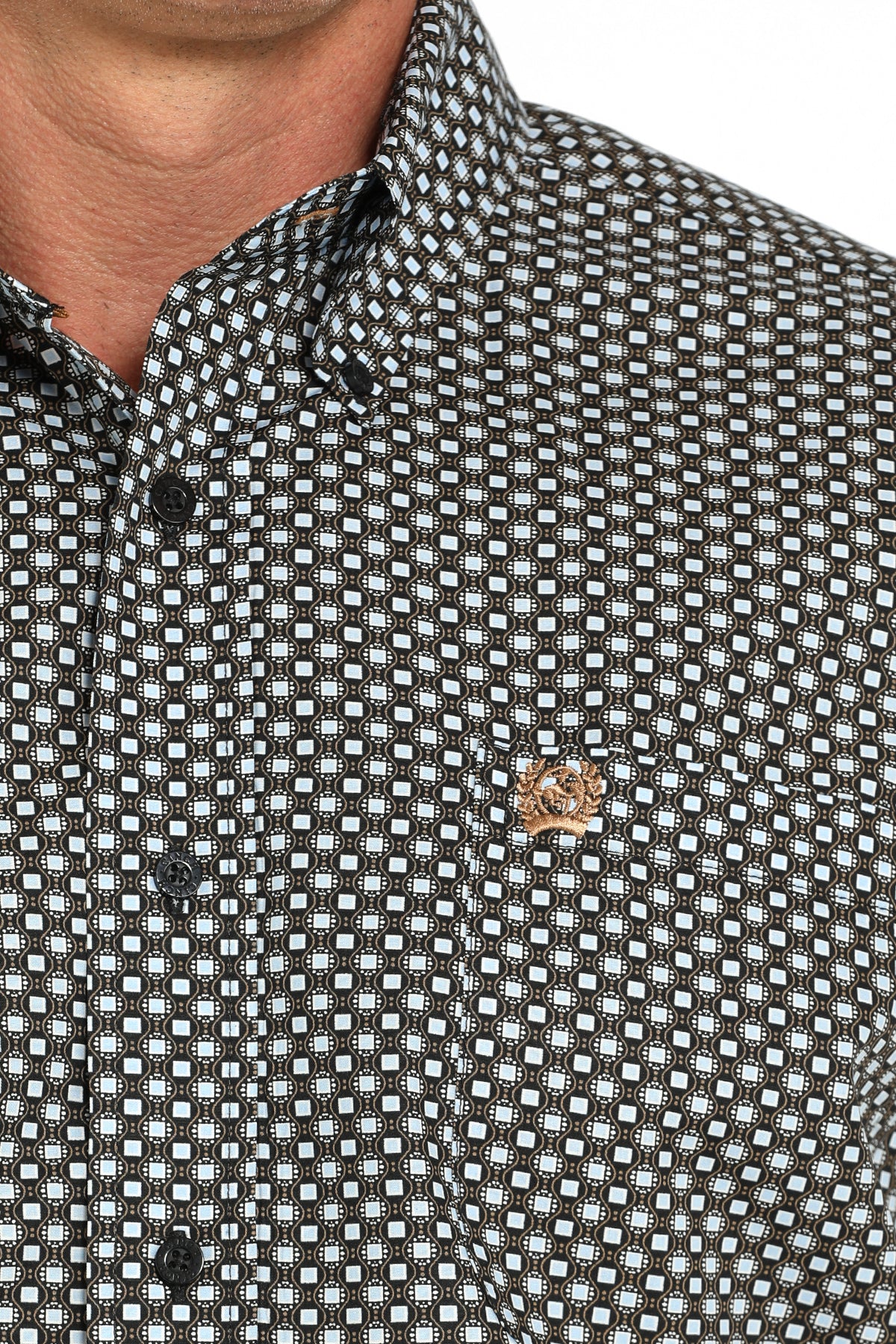Close-up of a patterned shirt with a focus on the collar and chest area.