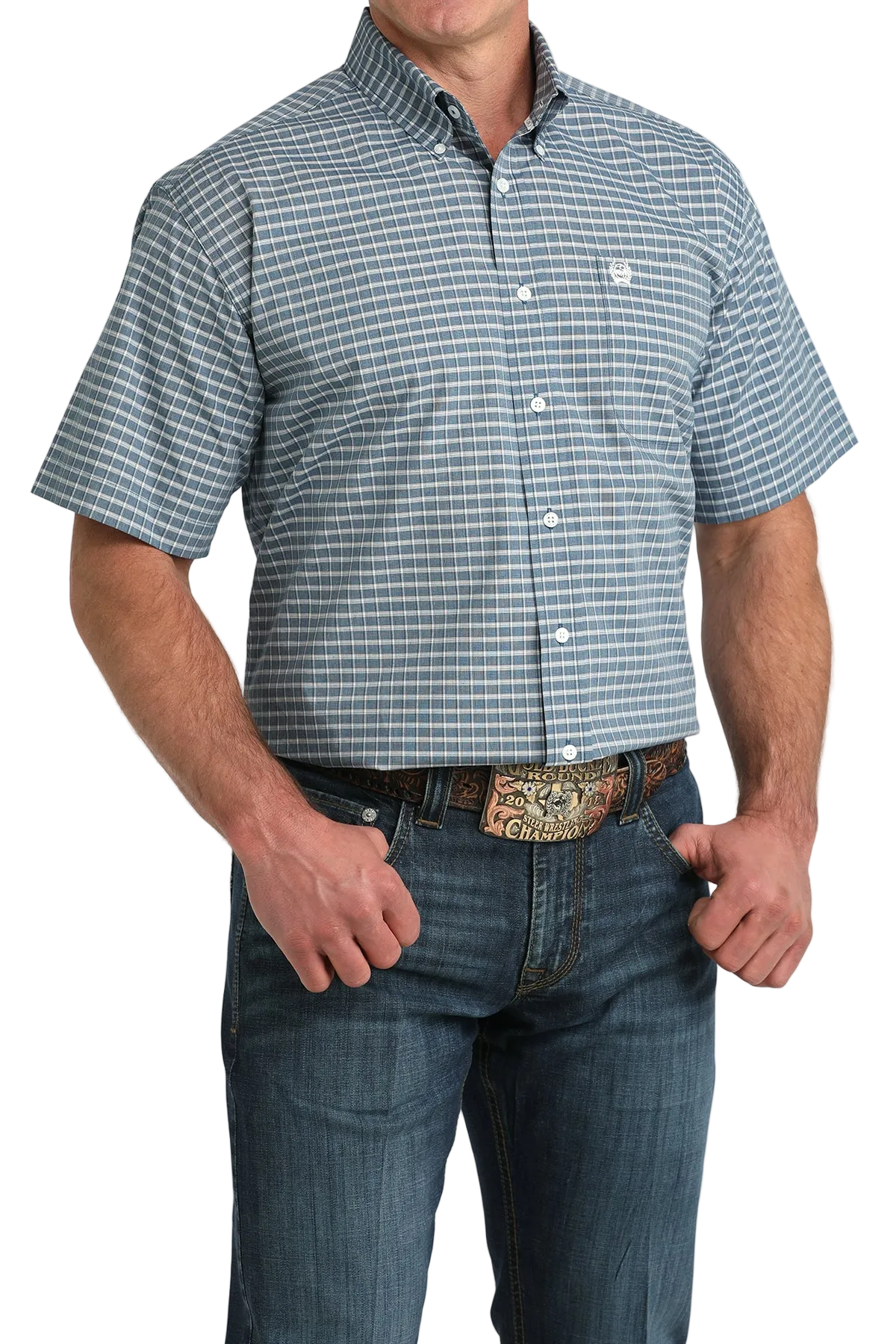 Man wearing a short-sleeve checkered shirt and jeans on a white background