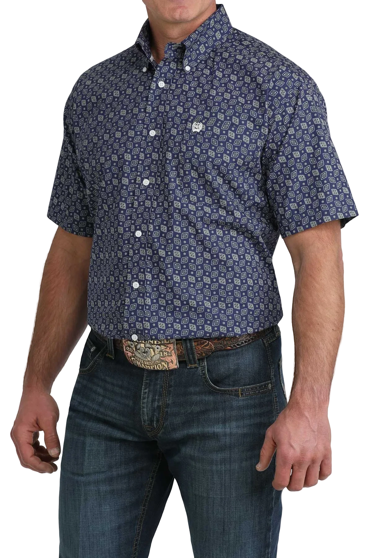 Go West Supply men's navy blue short sleeve button-down shirt with allover geometric print and chest pocket.