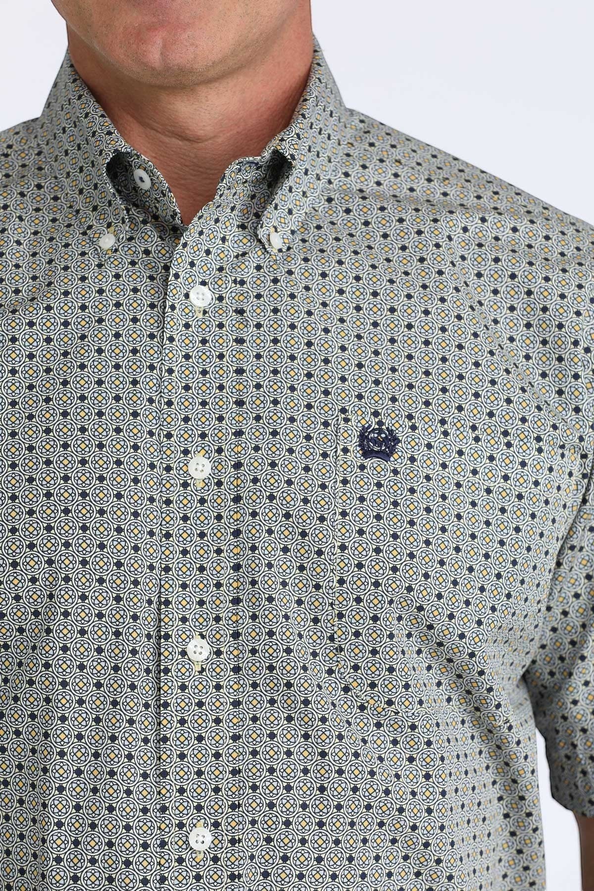 Go West Supply men's short sleeve button-down shirt in multi-color geometric print with chest pocket and classic collar.