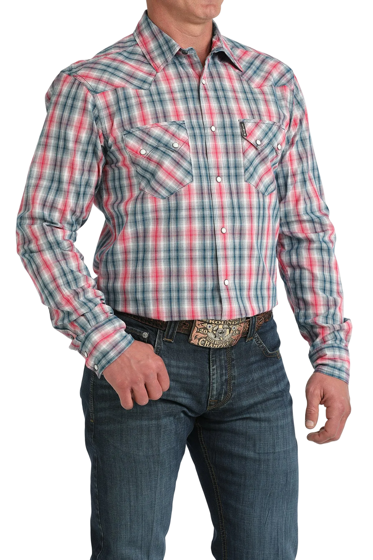 Man wearing a plaid shirt and jeans on a white background