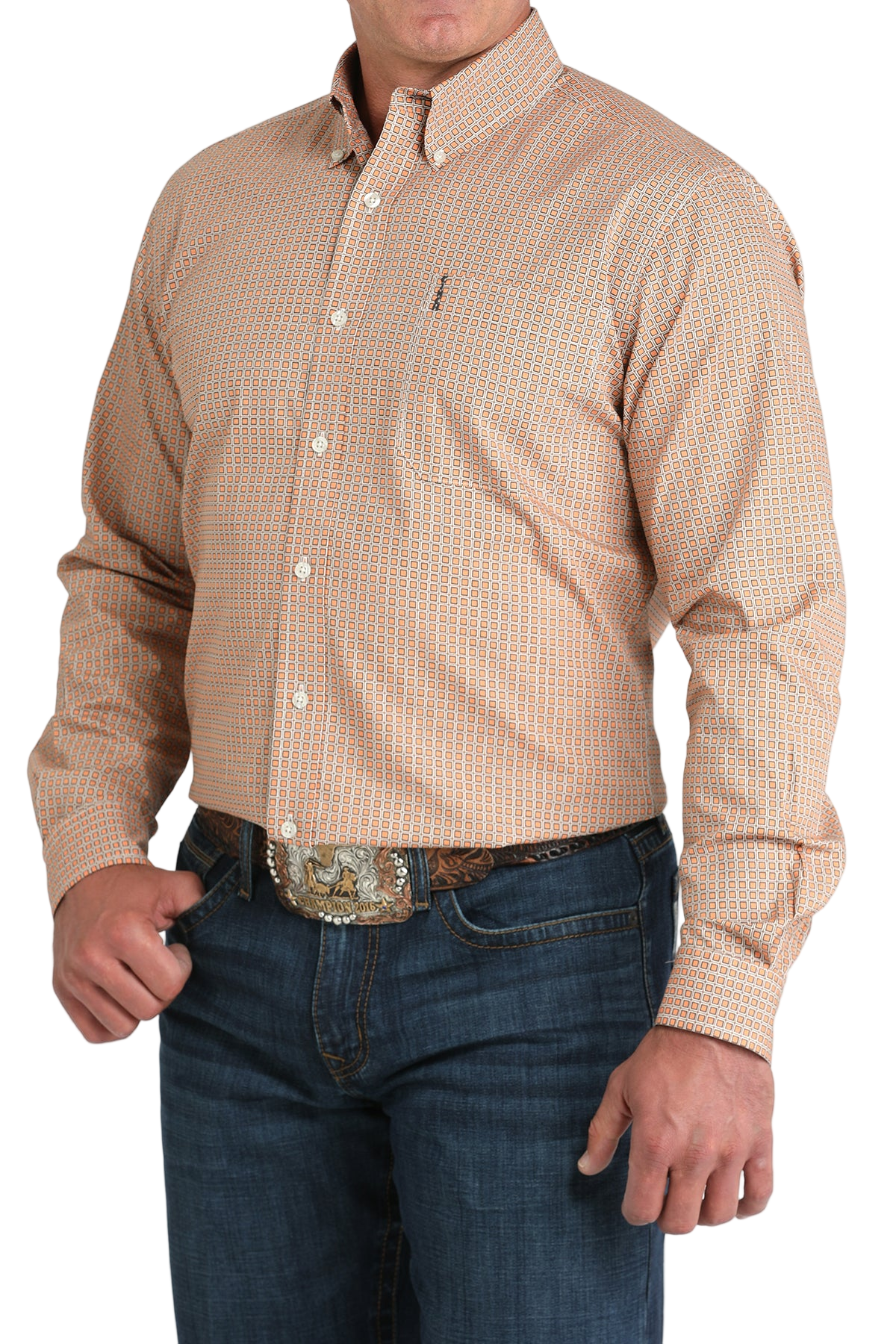 Man wearing a patterned beige long sleeve button-down shirt and jeans on a transparent background