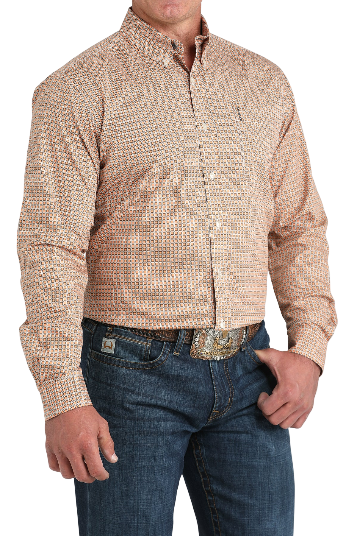 Man wearing a patterned beige long sleeve button-down shirt and jeans on a transparent background