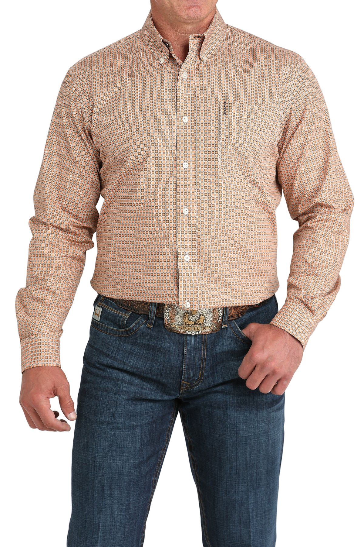 Man wearing a patterned beige long sleeve button-down shirt and jeans on a transparent background