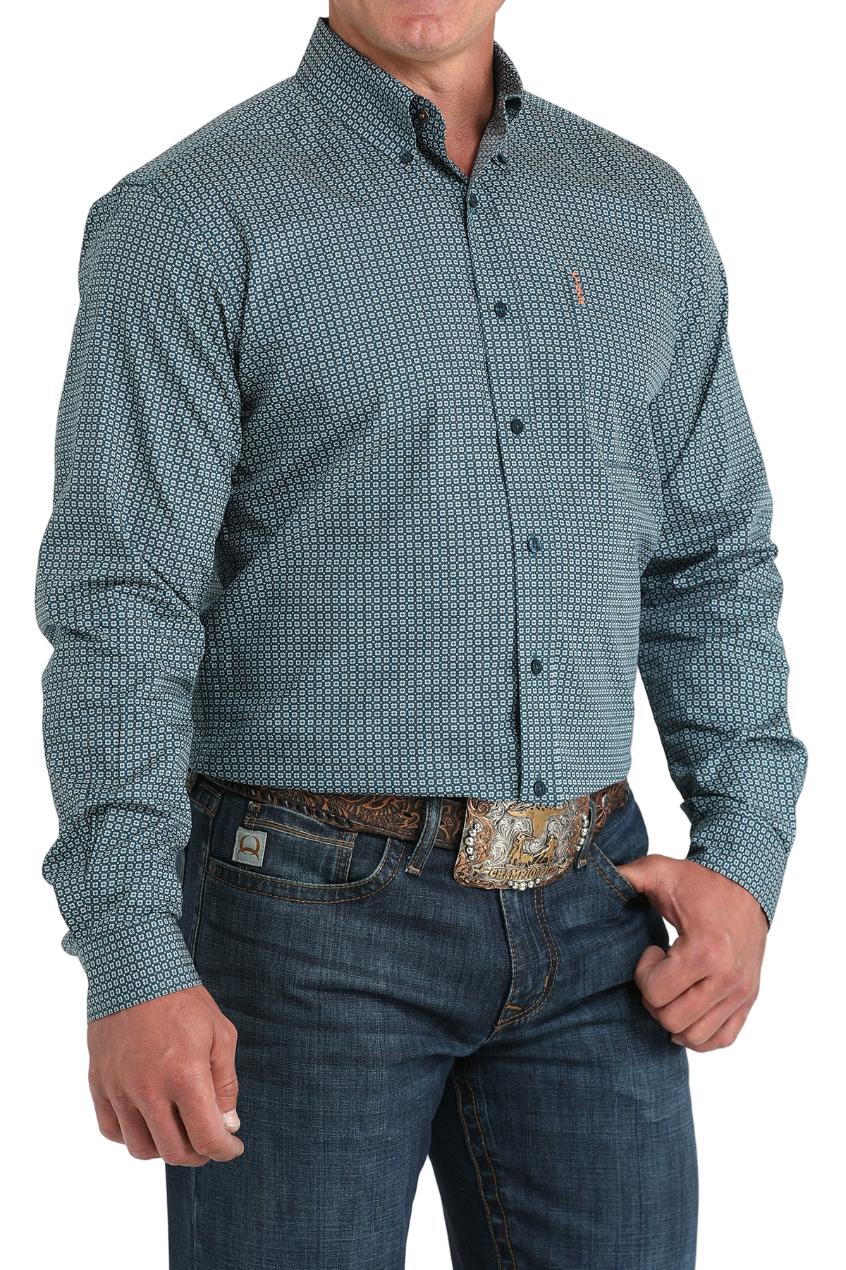 Man wearing a patterned blue long sleeve button-down shirt and jeans on a transparent background