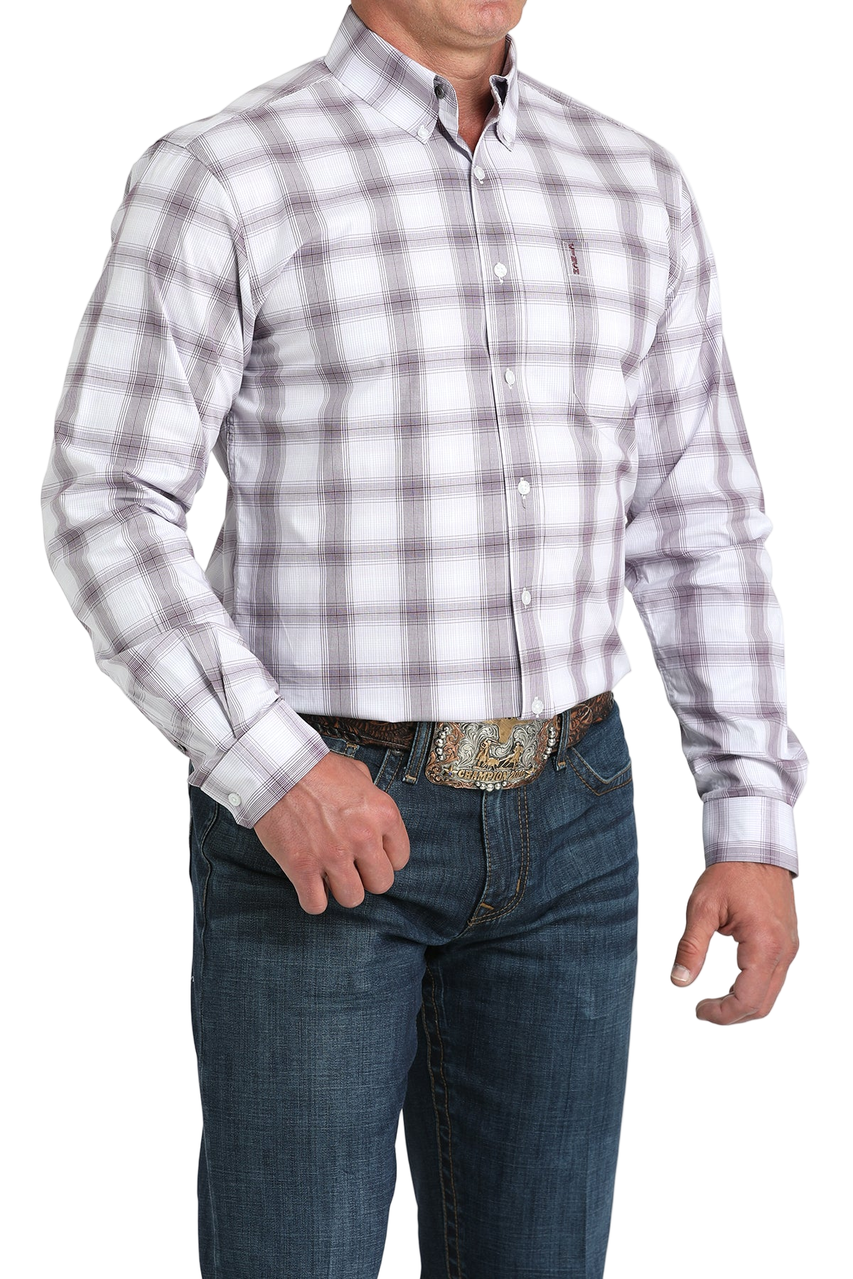 Man wearing a patterned white long sleeve button-down shirt and jeans on a transparent background