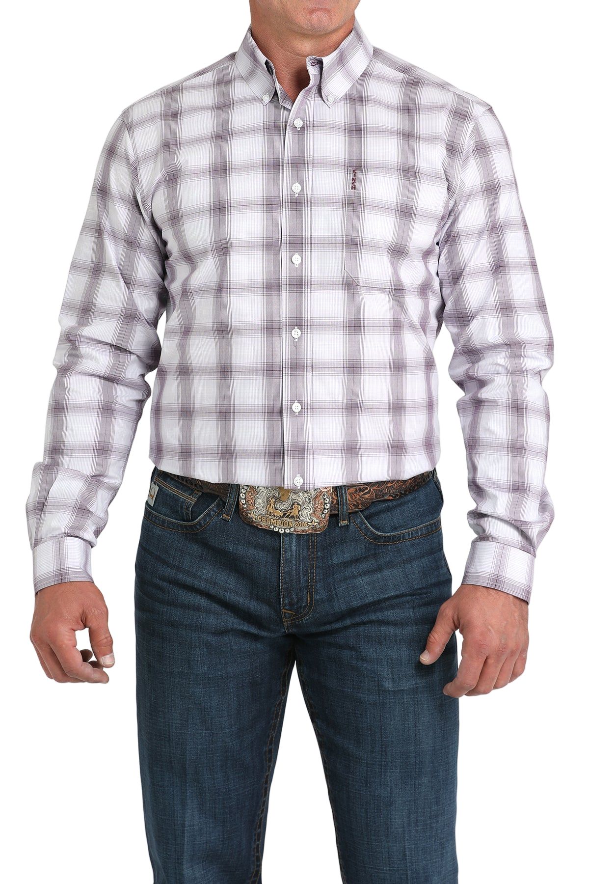 Man wearing a patterned white long sleeve button-down shirt and jeans on a transparent background
