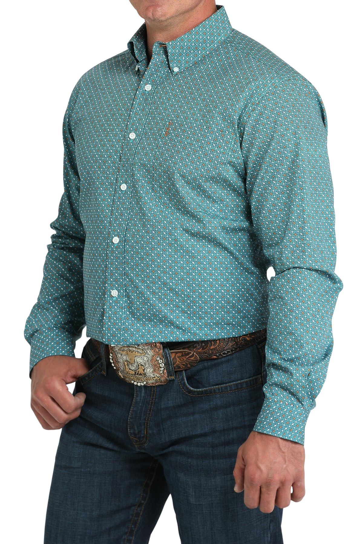 Man wearing a patterned teal long sleeve button-down shirt and jeans on a transparent background