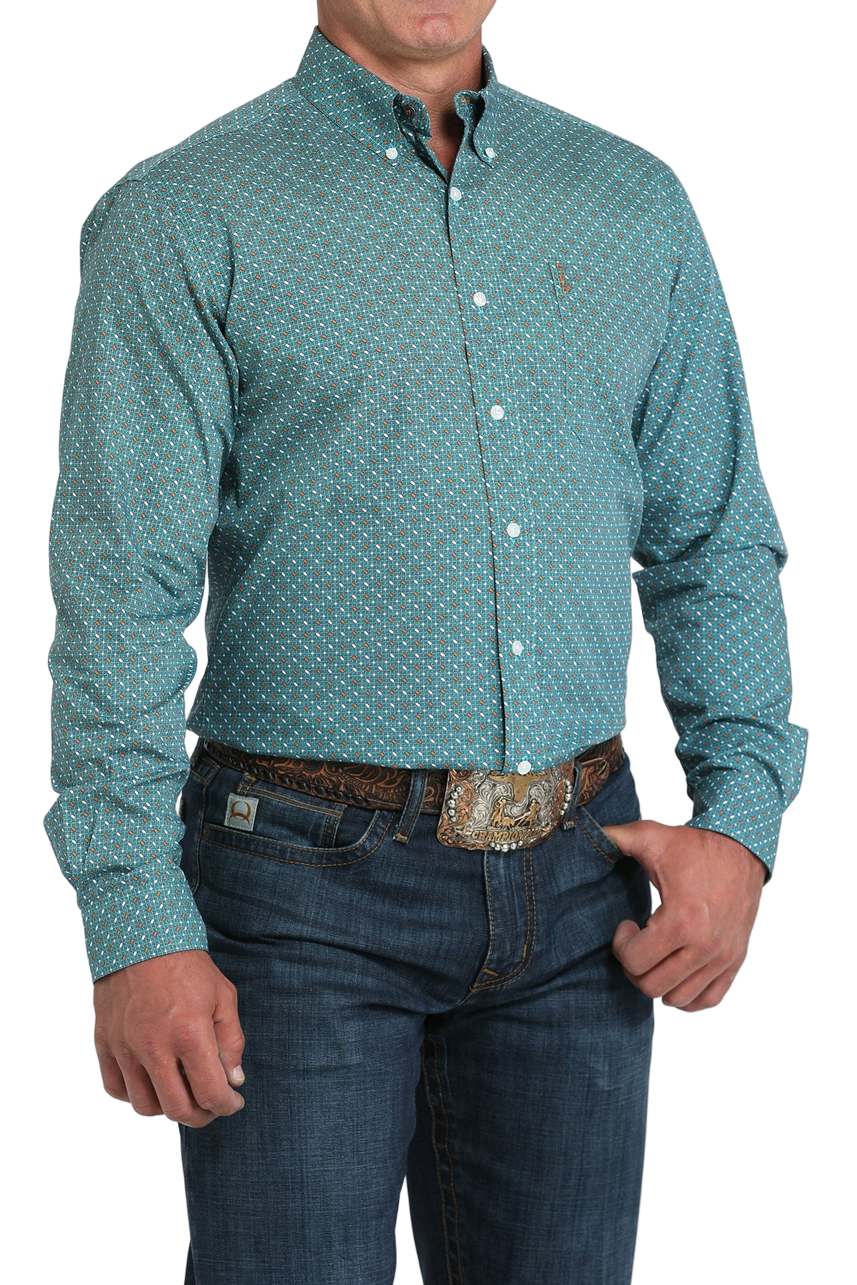 Man wearing a patterned teal long sleeve button-down shirt and jeans on a transparent background