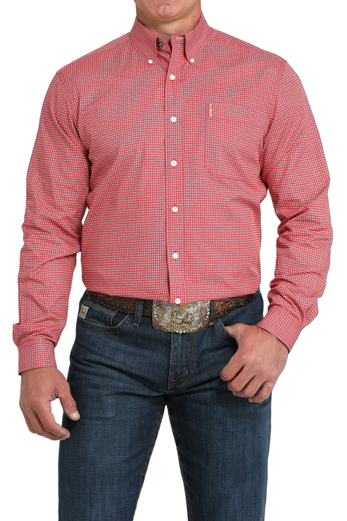 Red checkered shirt worn by a person on a white background