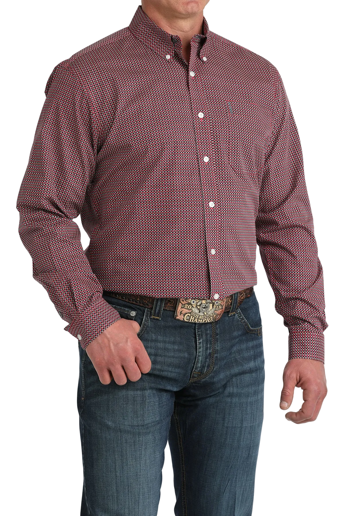Man wearing a patterned red shirt and jeans on a white background