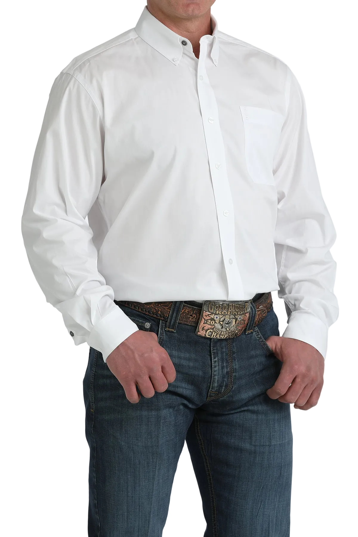 Man wearing a white dress shirt and blue jeans on a white background