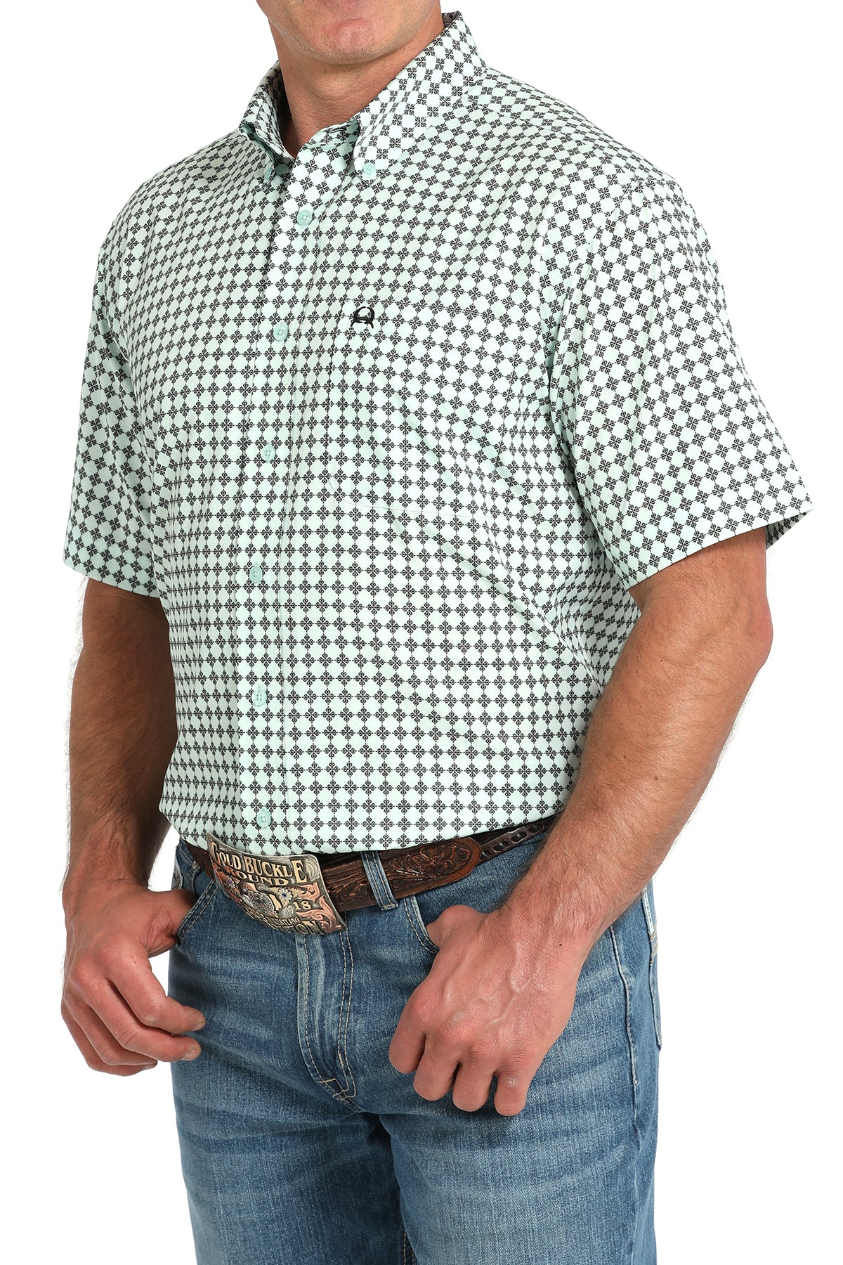 Man wearing a green and white checkered shirt with blue jeans on a white background