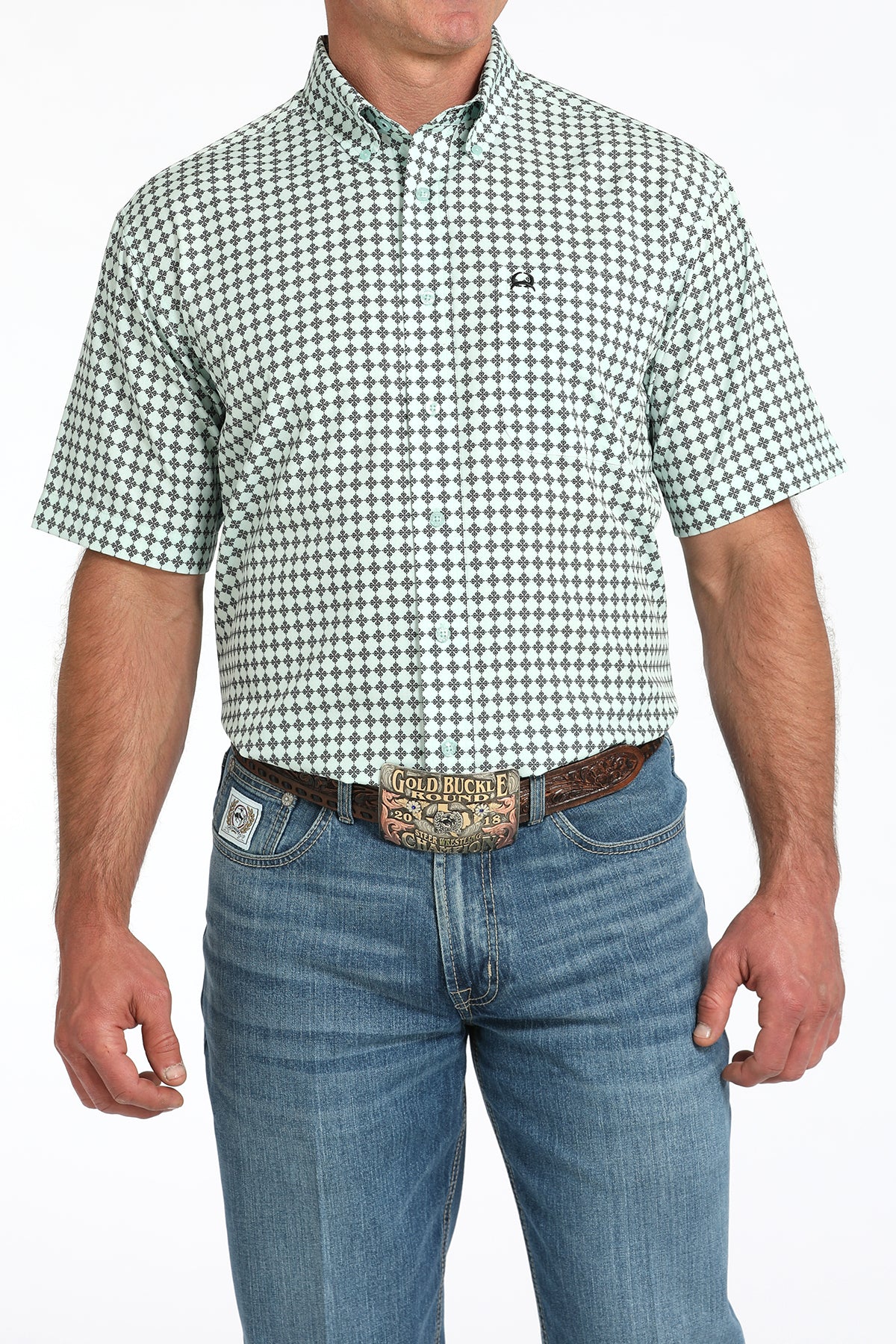 Man wearing a green and white checkered shirt with blue jeans on a white background