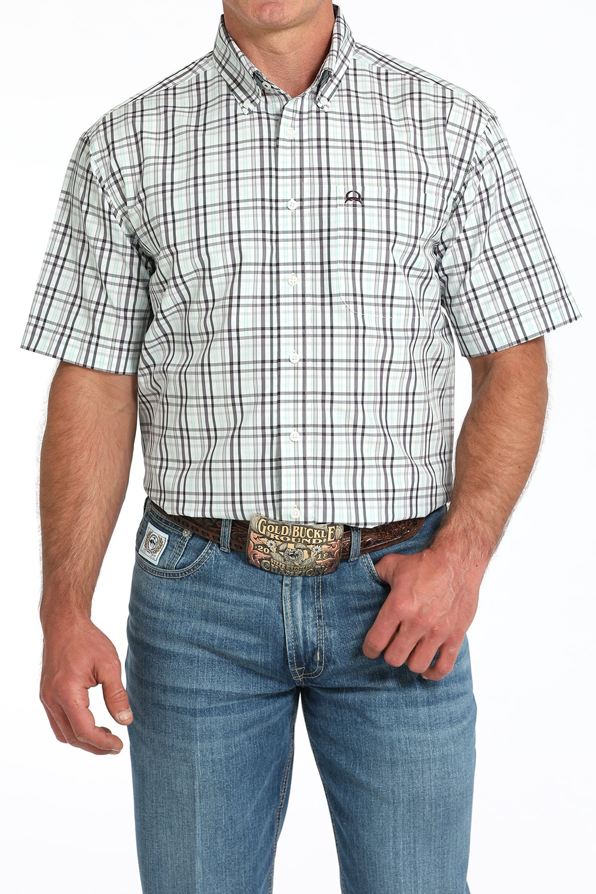 Man wearing a plaid shirt and jeans on a white background