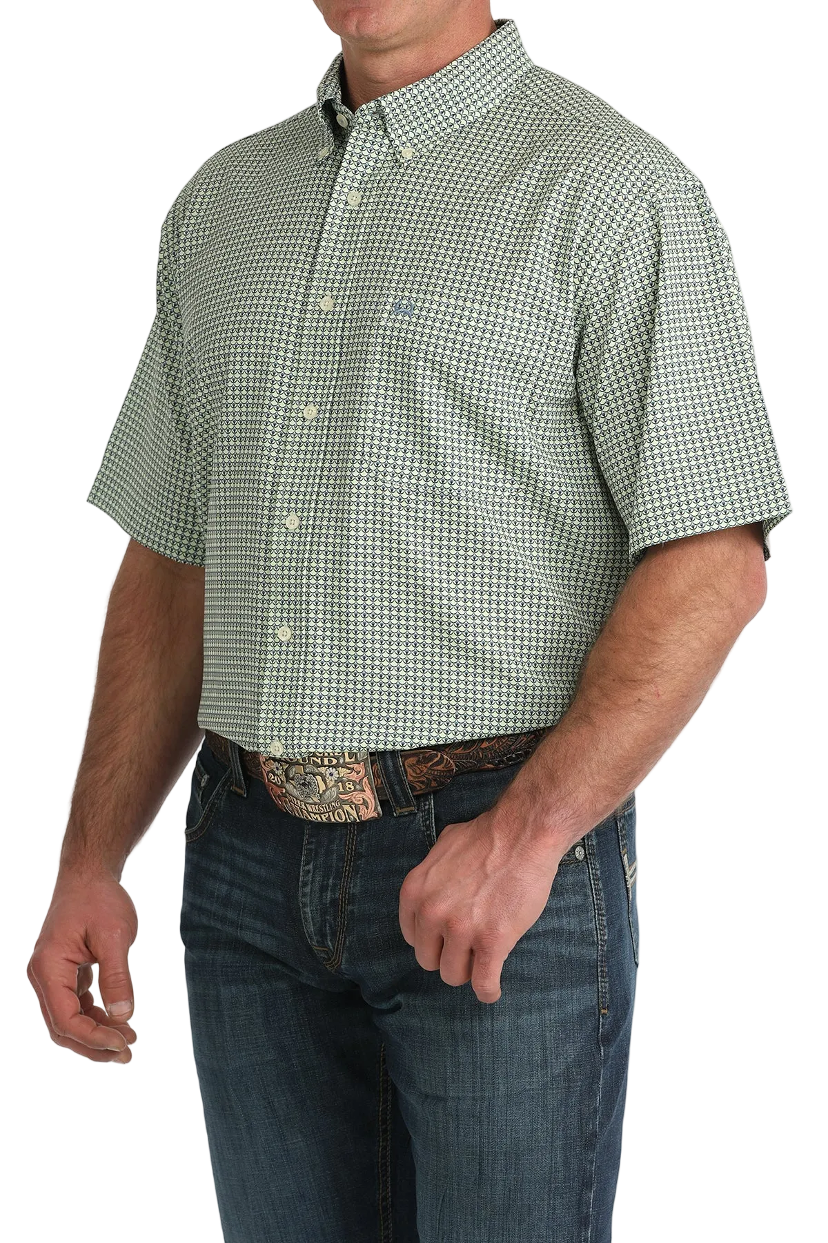 Man wearing a green checkered shirt and jeans on a white background