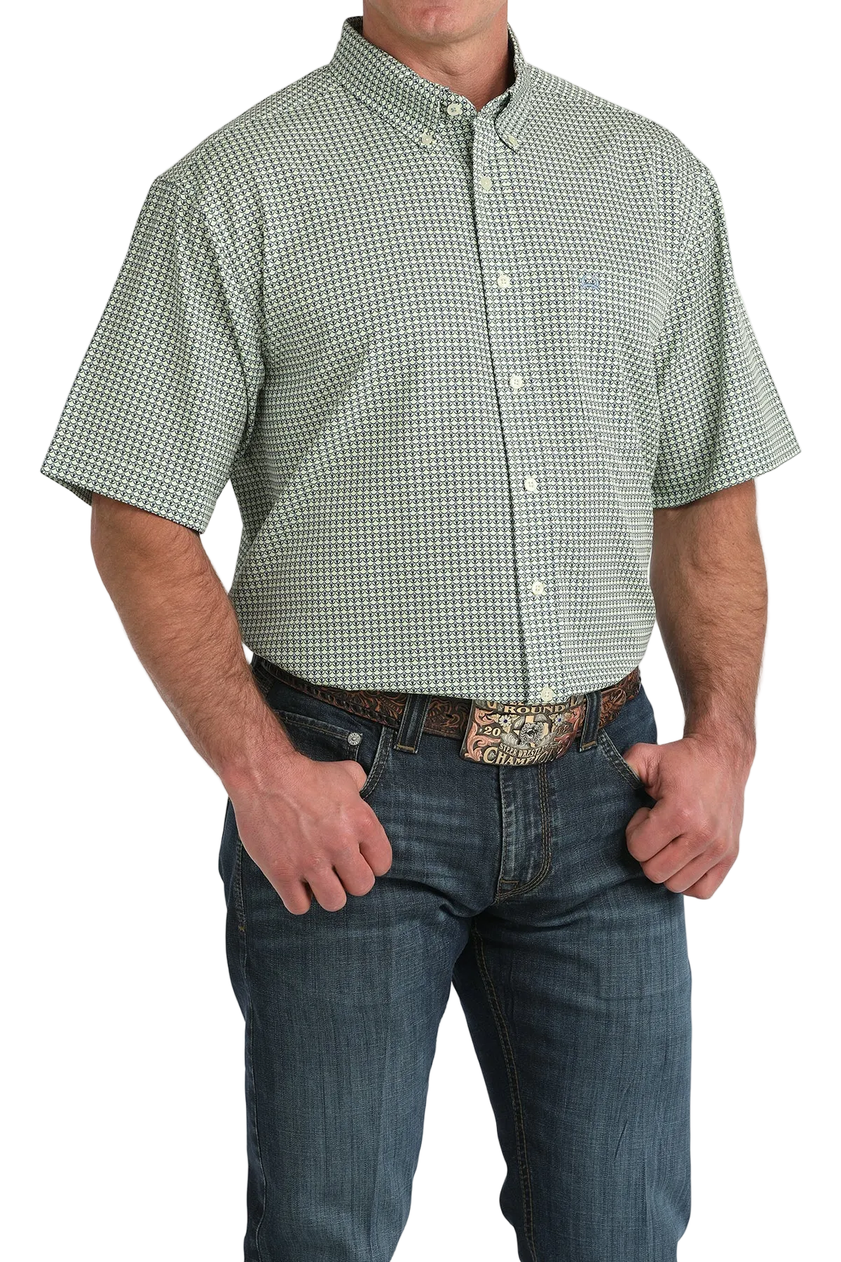 Man wearing a green checkered shirt and jeans on a white background