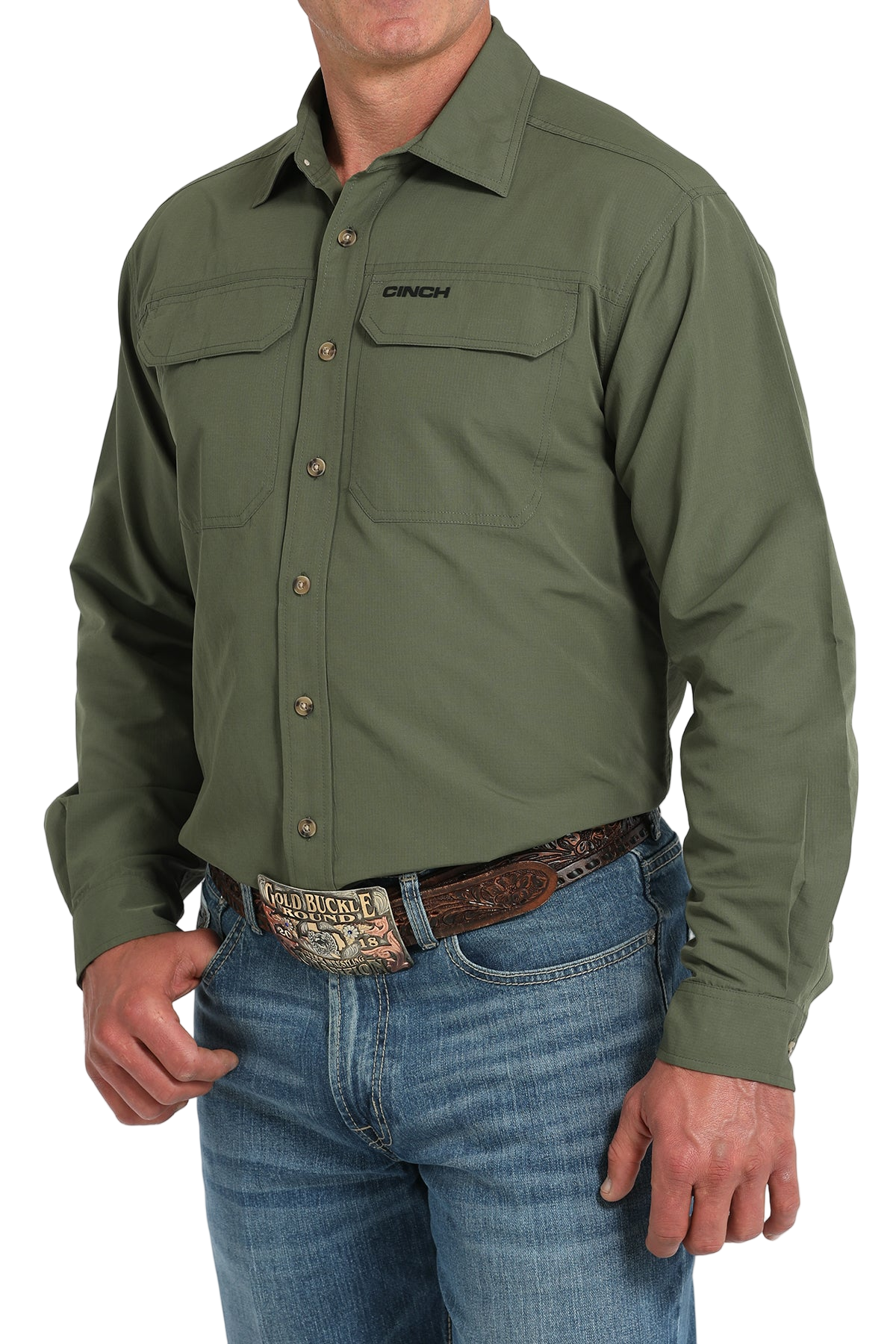 Man wearing a green long sleeve button-down shirt and jeans on a transparent background