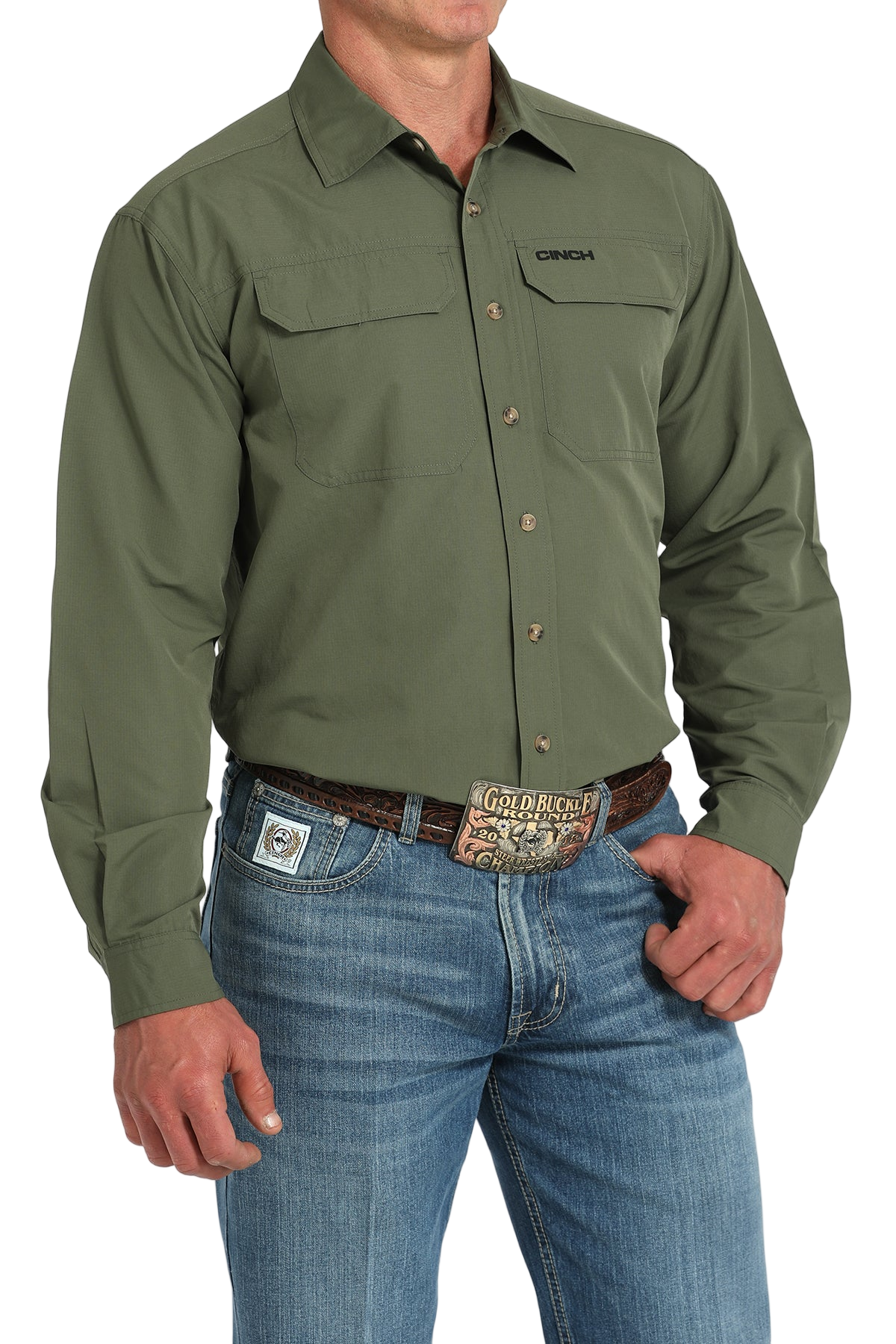 Man wearing a green long sleeve button-down shirt and jeans on a transparent background