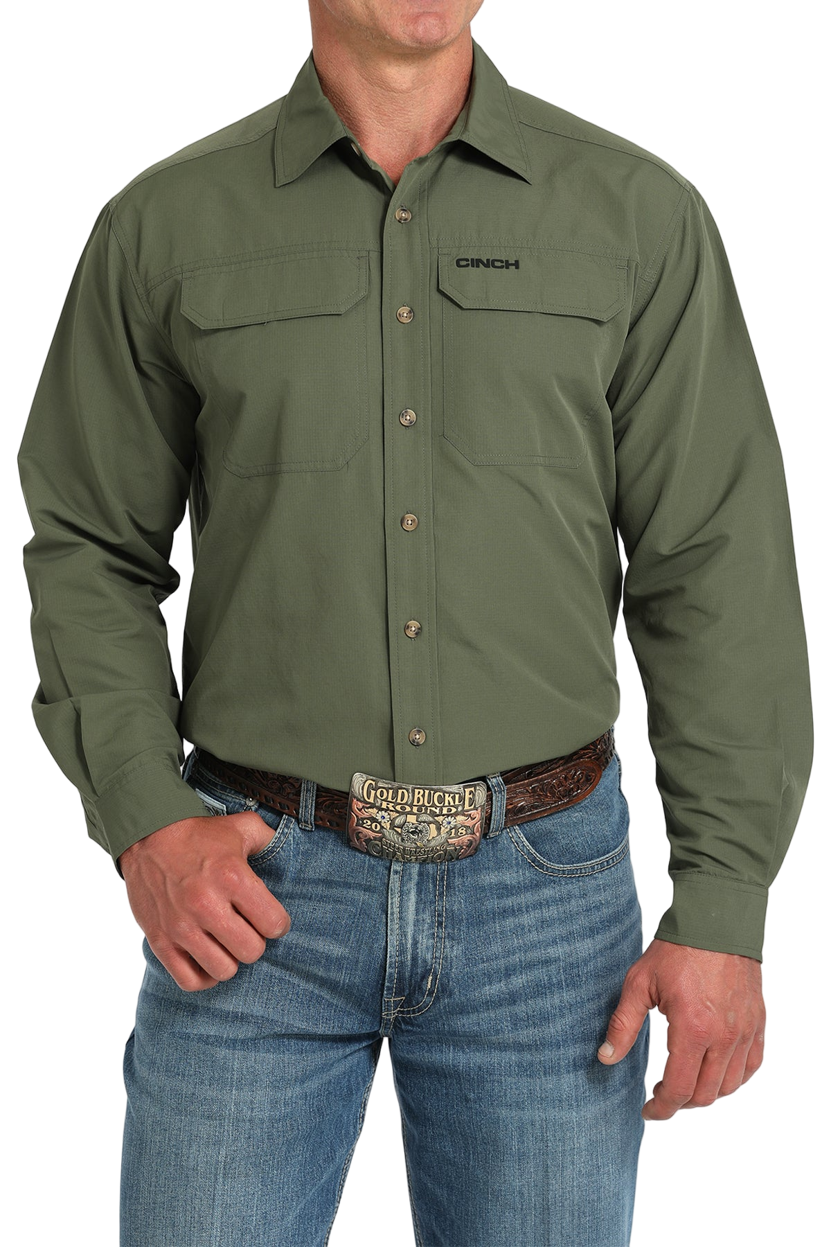 Man wearing a green long sleeve button-down shirt and jeans on a transparent background