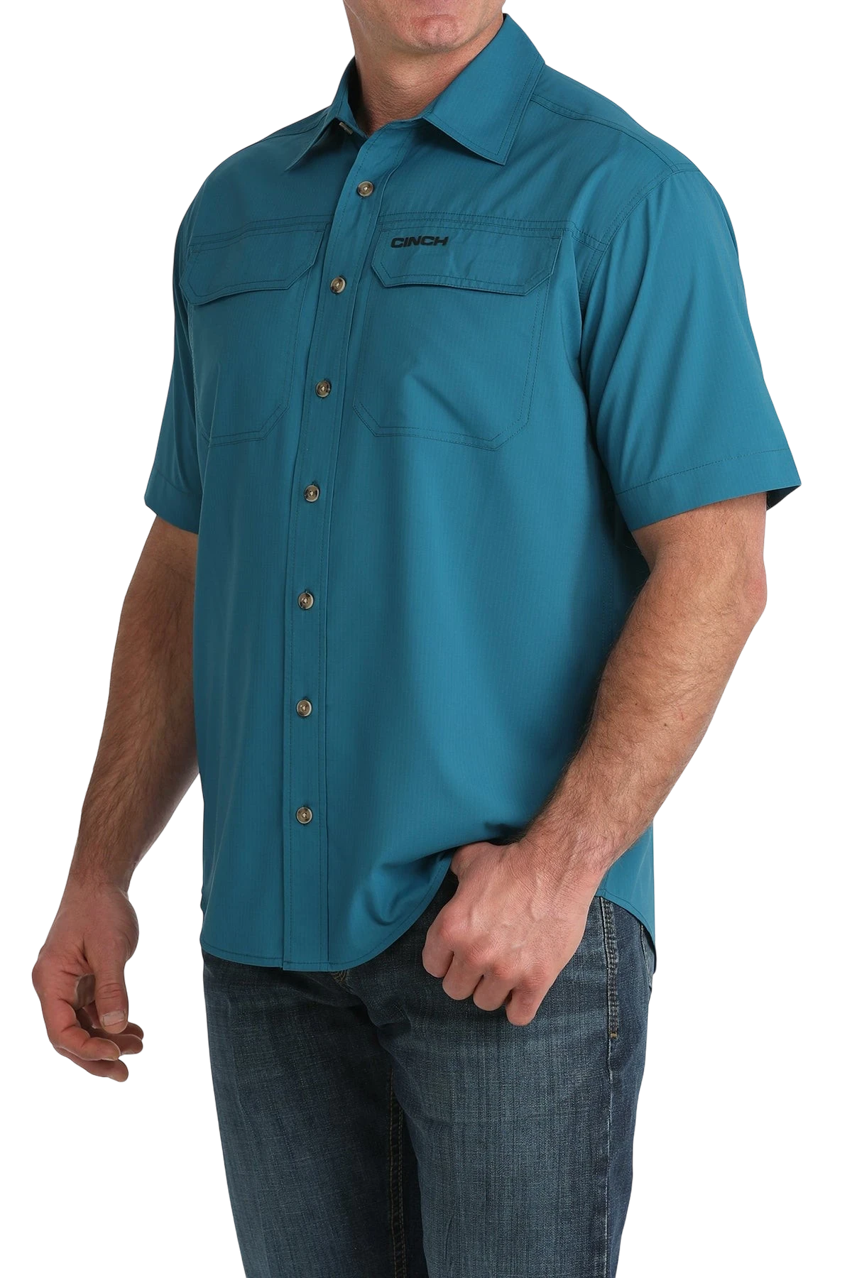 Go West Supply Men's short-sleeve teal poly-spandex button-down shirt with two chest pockets and embroidered logo.