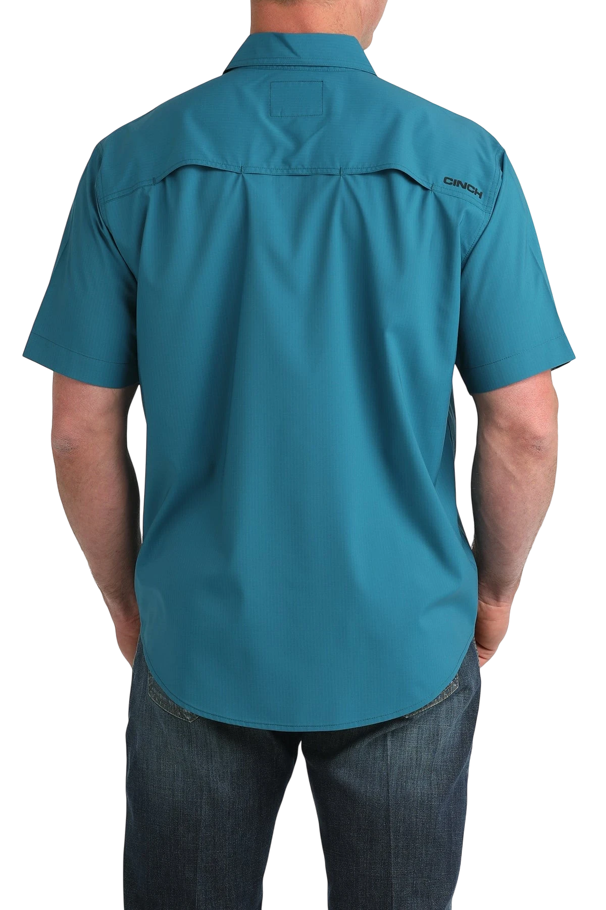 Go West Supply Men's short-sleeve teal poly-spandex Arenaflex shirt with embroidered logo and vented back.