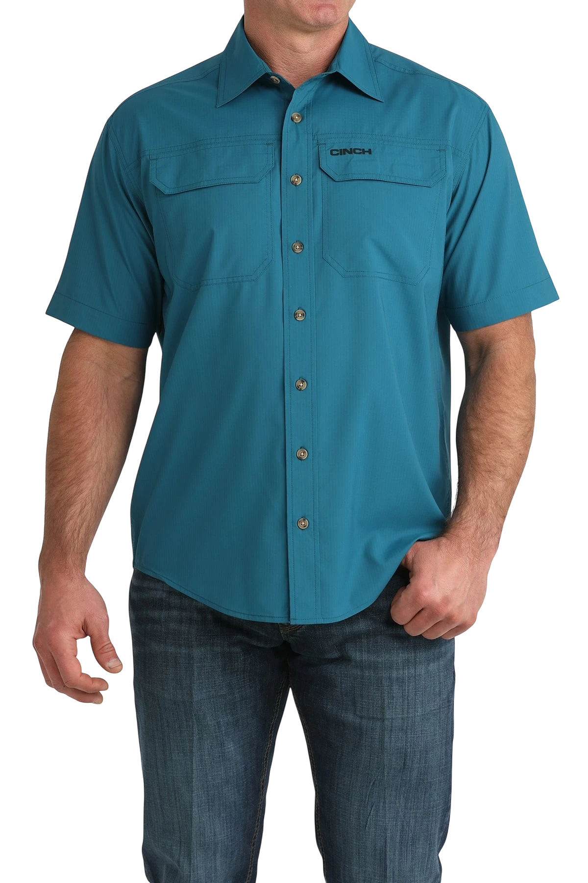 Go West Supply Men's short-sleeve teal poly-spandex button-down shirt with two chest pockets and Cinch logo.