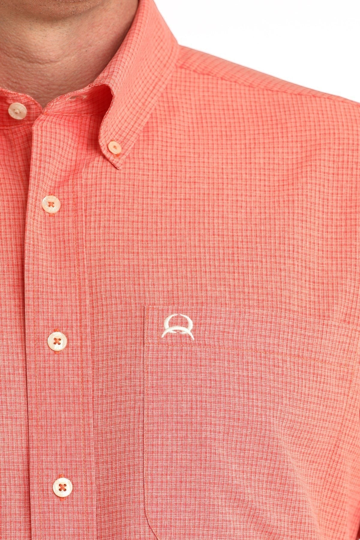 Go West Supply men's coral red short sleeve button-down shirt with a subtle plaid pattern and embroidered logo on pocket.