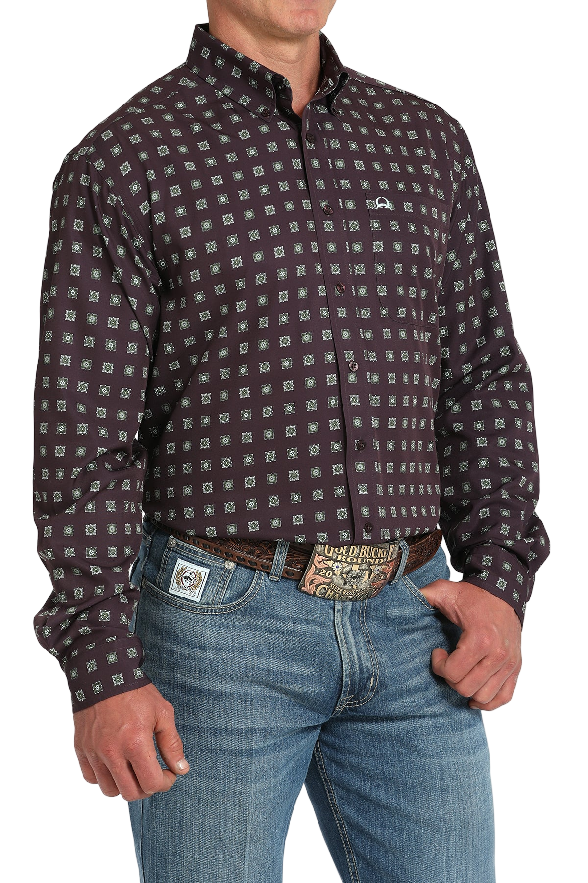Man wearing a patterned long sleeve button-down shirt and jeans on a transparent background